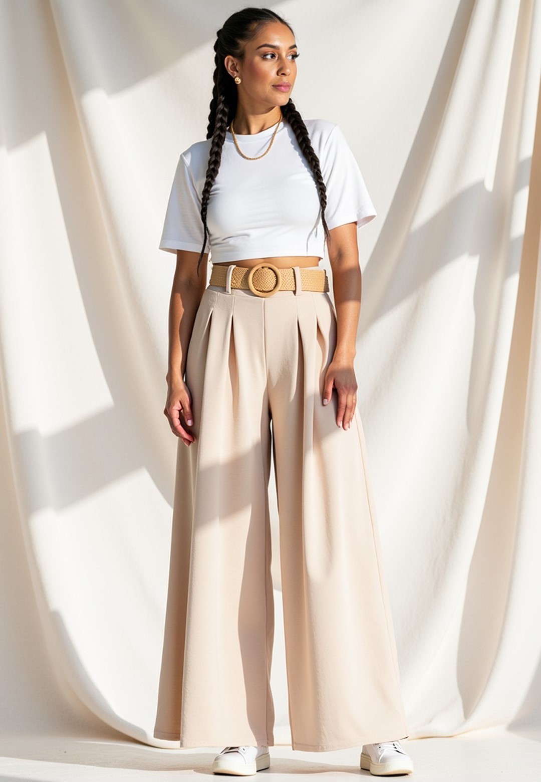 Béžové dámske elegantné široké nohavice s vysokým pásom M1160 Beige Veľkosť: ONE SIZE