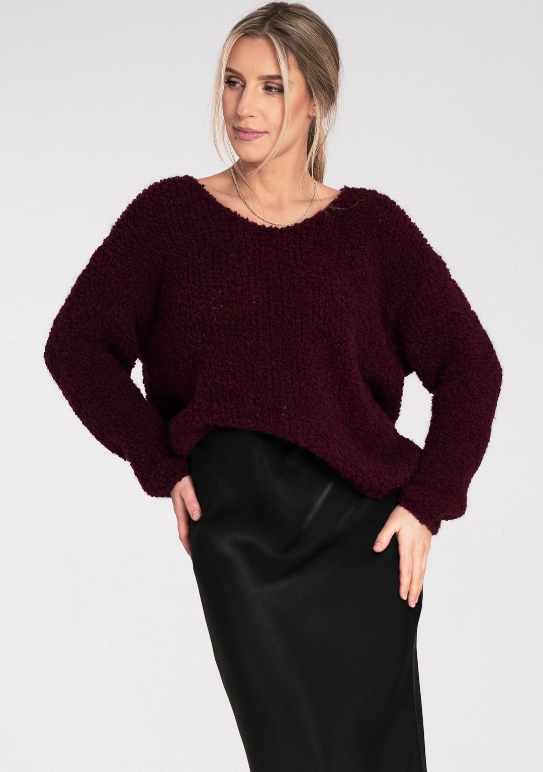 Dámsky vínový sveter s dlhými rukávmi M1108 Deep Red Veľkosť: ONE SIZE