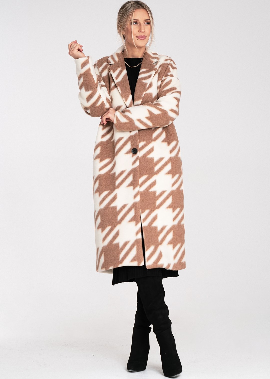 Béžovo-biely dámsky dlhý vzorovaný kabát M1112 Beige Veľkosť: ONE SIZE