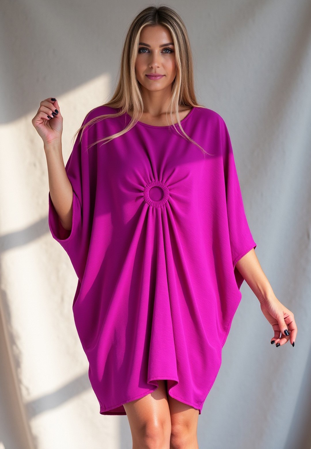 Fuchsiové dámske voľné asymetrické šaty M1127 Fuchsia Veľkosť: ONE SIZE