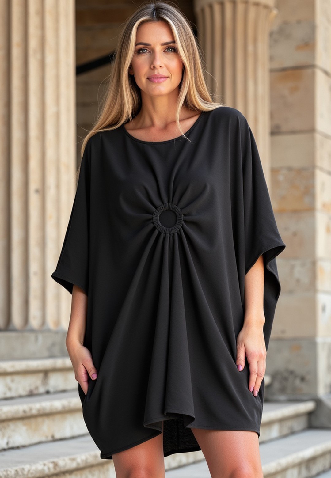 Čierne dámske voľné asymetrické šaty M1127 Black Veľkosť: ONE SIZE