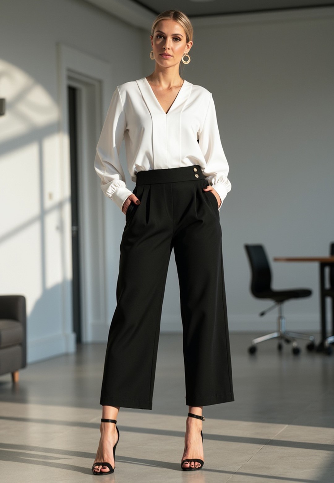 Čierne dámske elegantné rovné nohavice M1132 Black Veľkosť: S/M