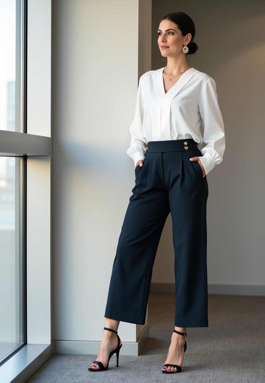 Tmavomodré dámske elegantné rovné nohavice M1132 Navy Veľkosť: S/M