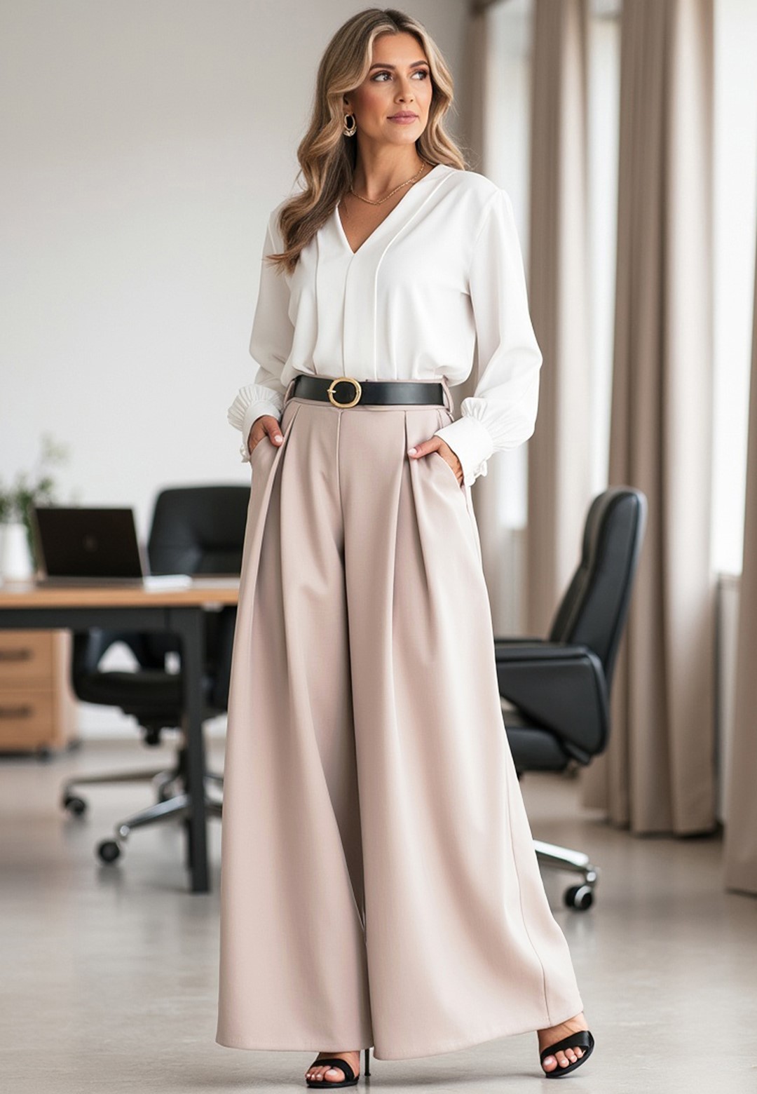 Béžové dámske elegantné široké nohavice s opaskom M1134 Beige Veľkosť: S/M