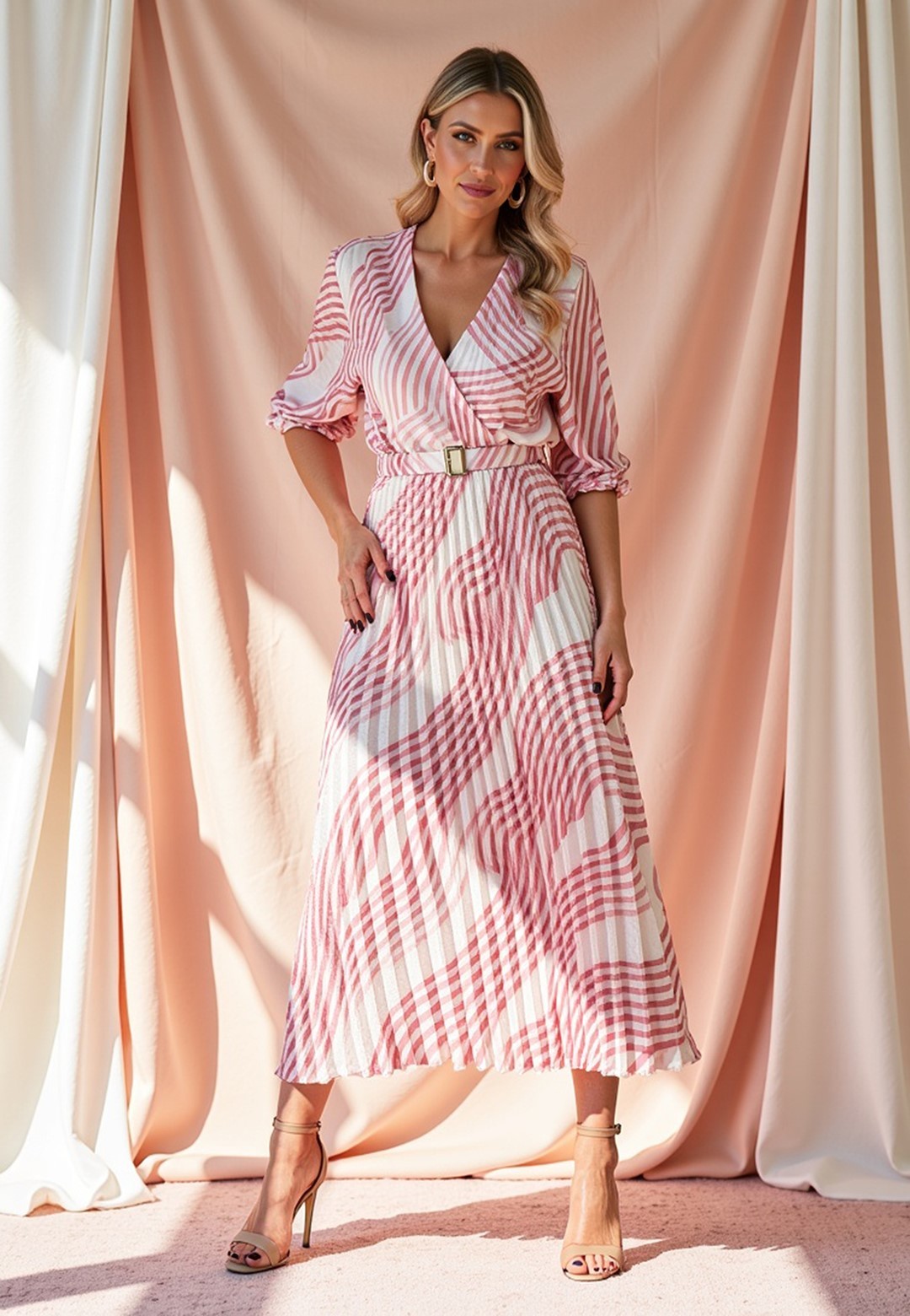 Smotanovo-ružové dámske vzorované šaty M1139 Pink Veľkosť: S/M