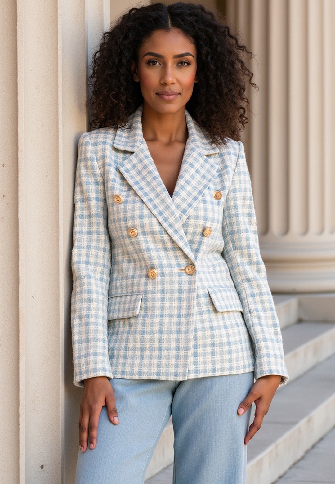 Svetlomodrý dámsky blejzer z elegantnej žakárovej látky M1130 Blue Veľkosť: S/M