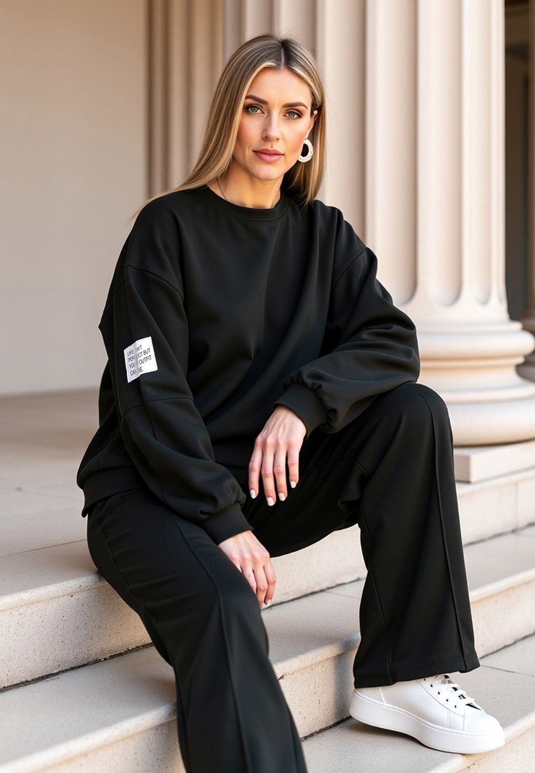 Čierna dámska tepláková súprava z viskózy so širokými nohavicami M1168 Black Veľkosť: L/XL