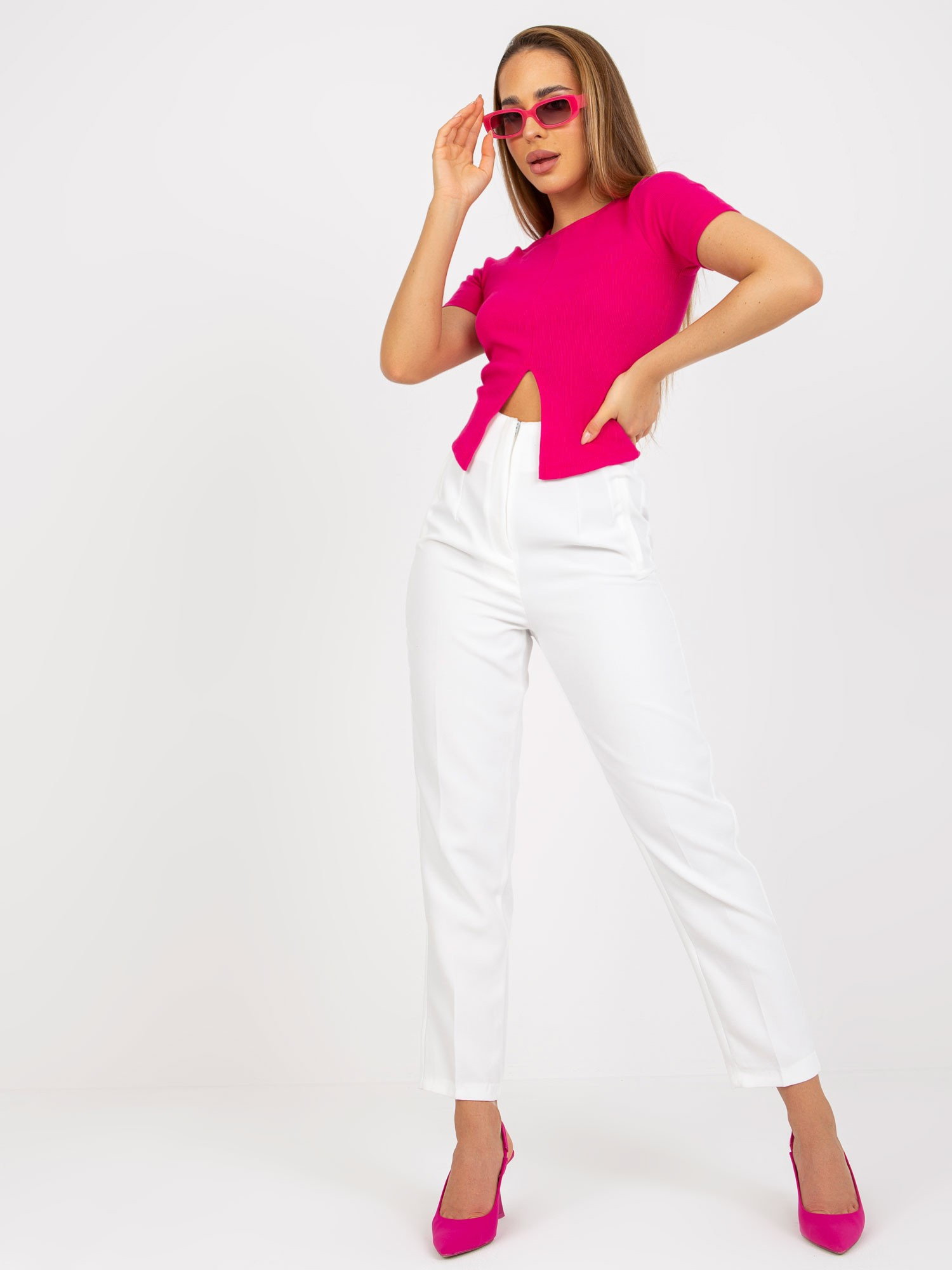 Biele elegantné nohavice s vysokým pásom BR-SP-219.71-white Veľkosť: 34