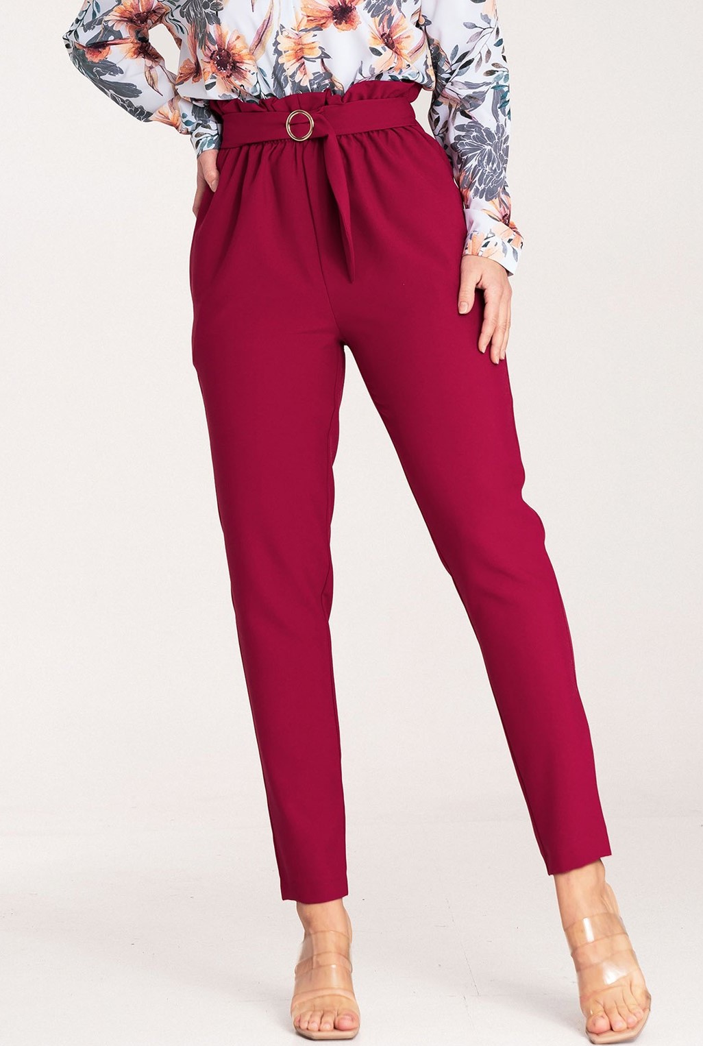 Dámske vínové elegantné nohavice s pásikom M1072 Bordo Veľkosť: XL