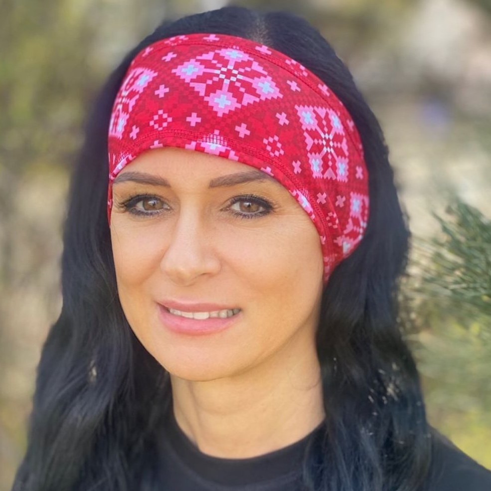 Červená hrejivá dámska funkčná čelenka s potlačou Farba: červená