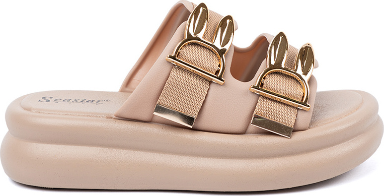 Béžové dámske nazuváky so zlatými prackami na platforme BG193P-KH Veľkosť: 38