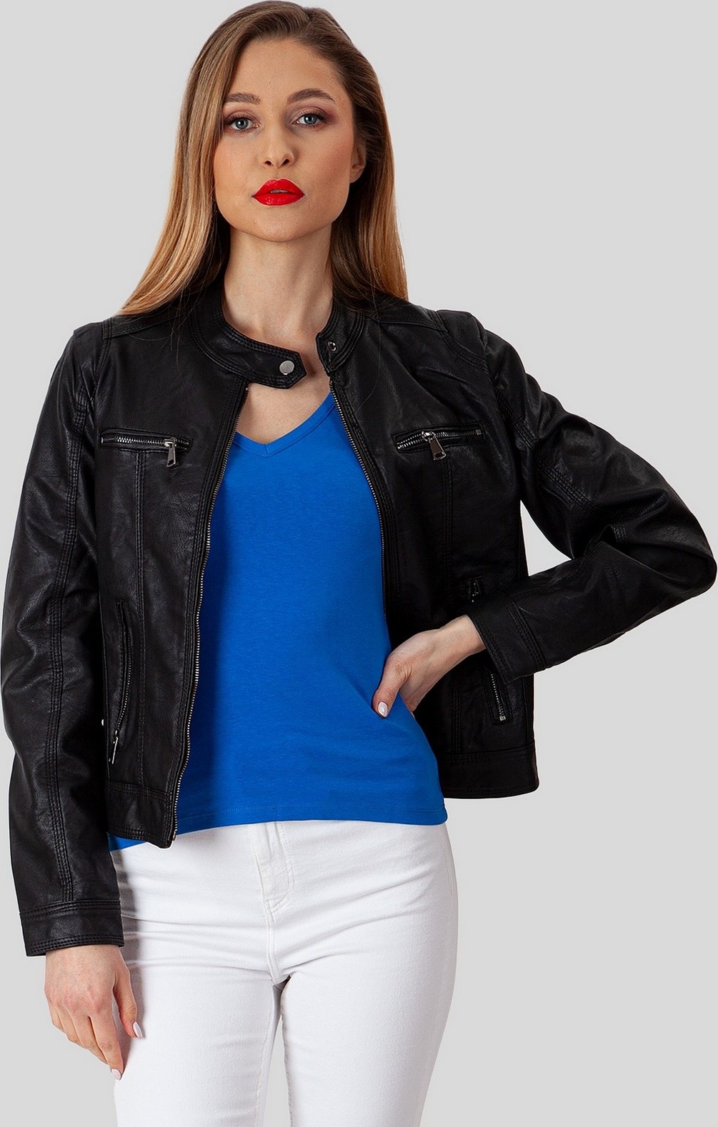 Čierna dámska krátka koženková bunda BLE 220012 F - Black Veľkosť: S