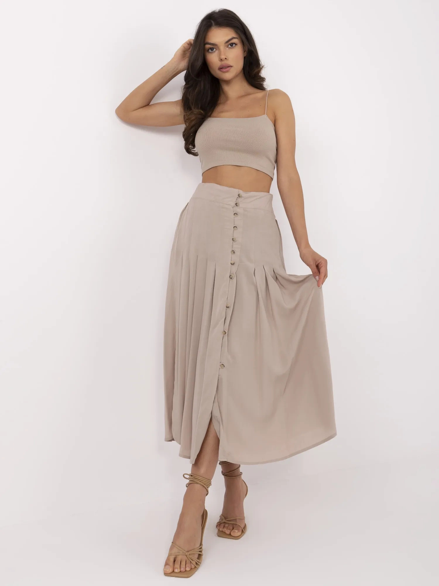 Béžová dámska plisovaná sukňa s gombíkmi a rozparkom D73761M50187B-dark beige Veľkosť: XS