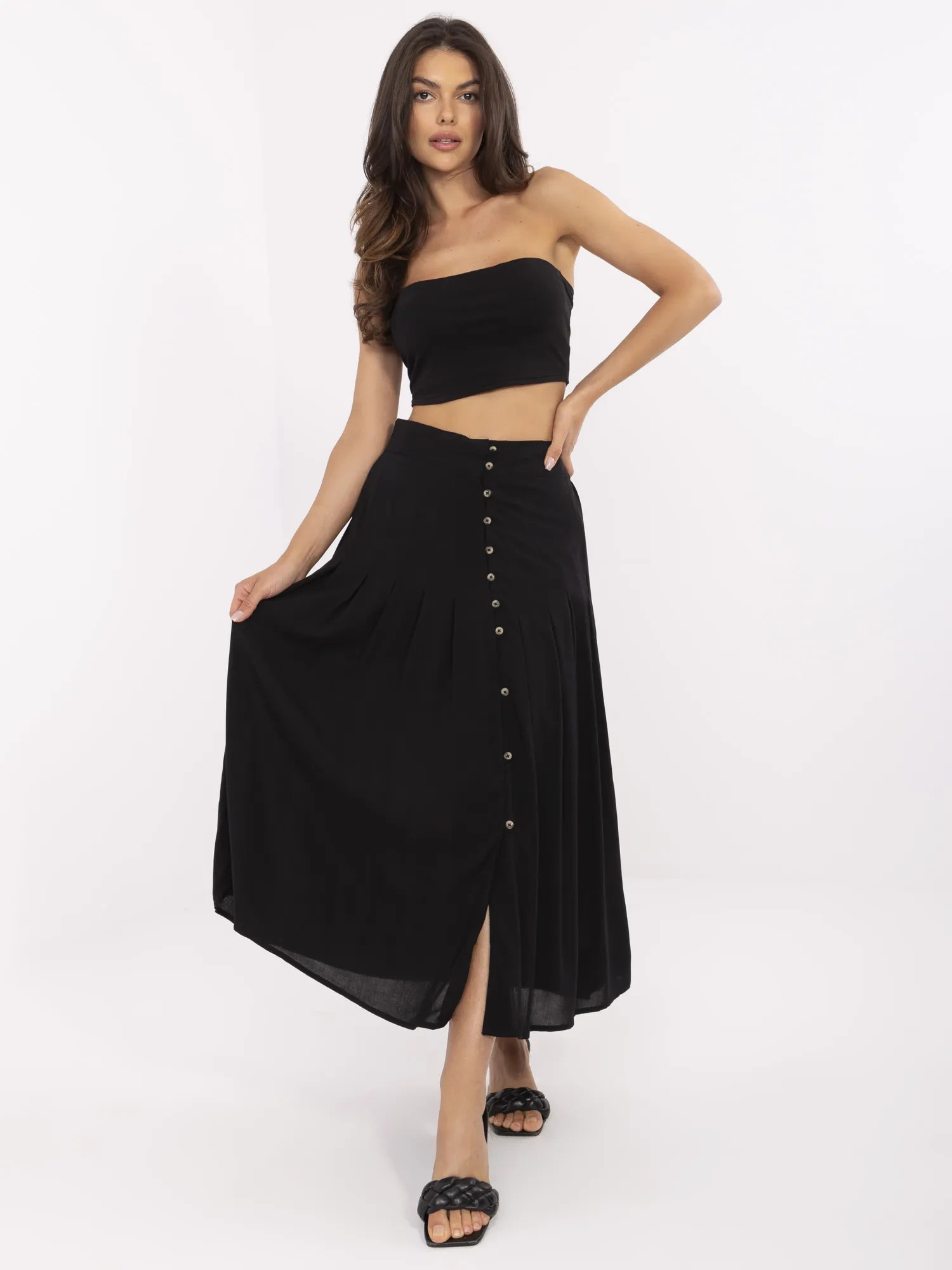 Čierna dámska plisovaná sukňa s gombíkmi a rozparkom D73761M50187B-black Veľkosť: XS