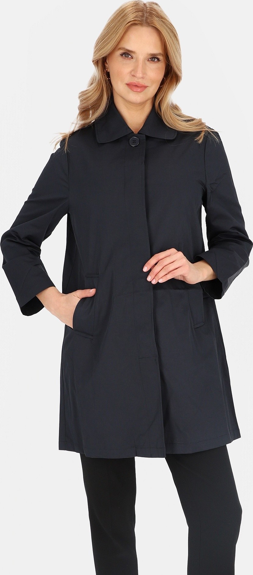 Tmavě modrý dámský jednořadý kabát s límečkem BLE 252535 F - Navy Veľkosť: 2XL