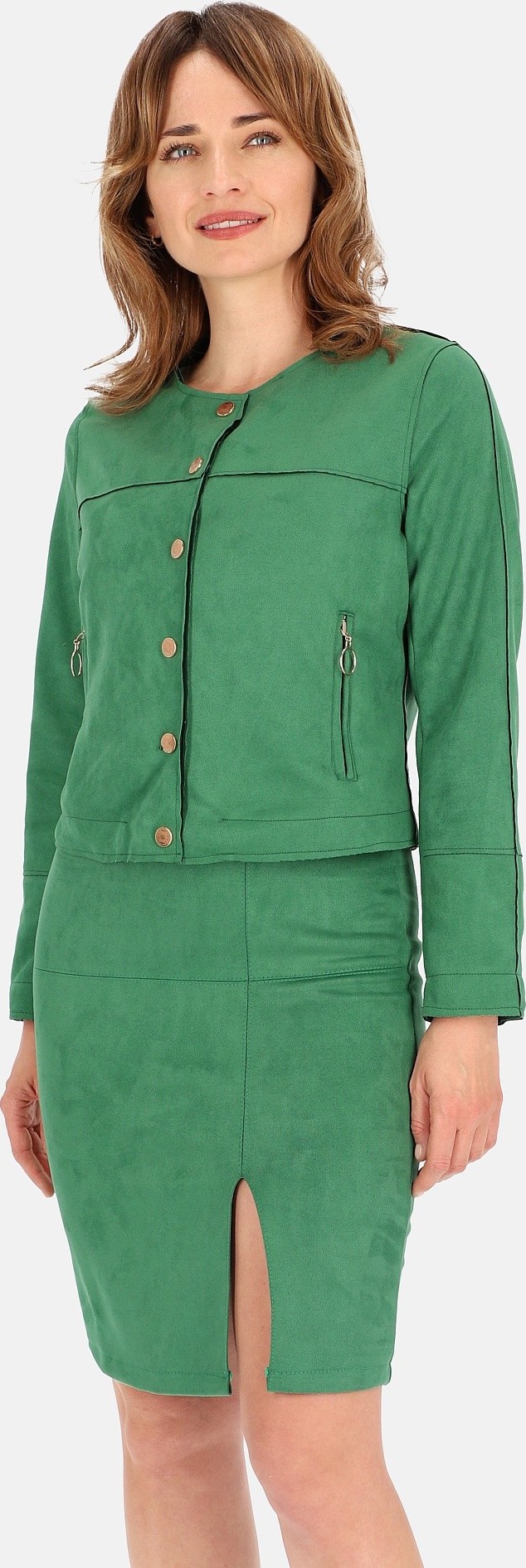 Zelená dámska krátka semišová bunda so zlatými cvočkami BLE 241085 F - Green Veľkosť: XL