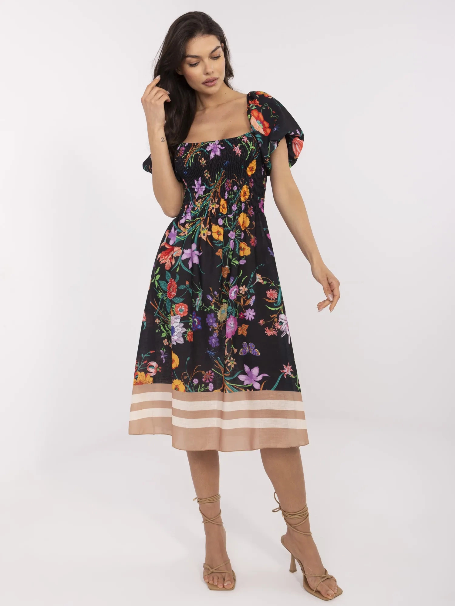 Černé dámské lněné midi šaty s květinovým vzorem DHJ-SK-19396.76-black Veľkosť: ONE SIZE