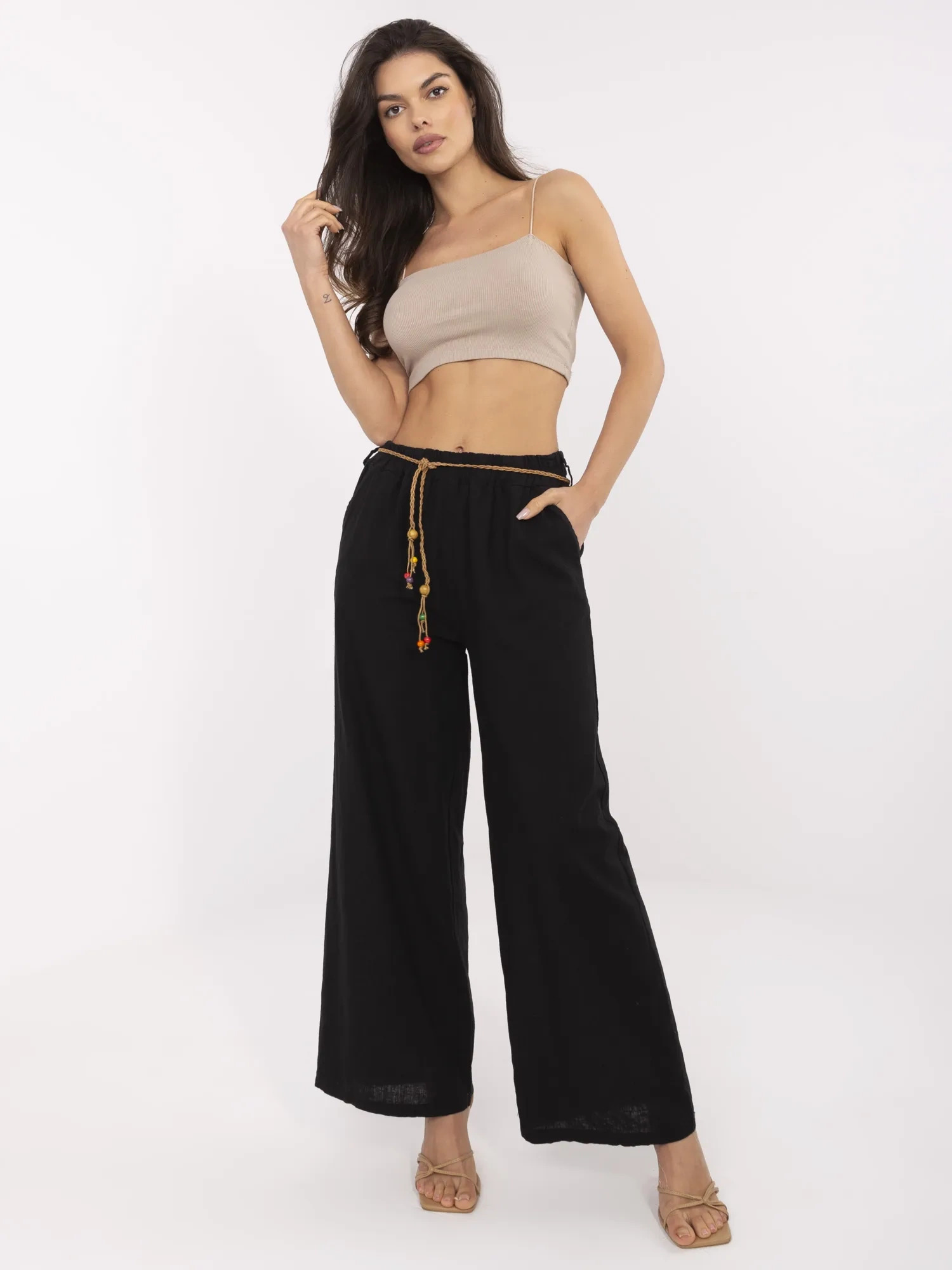 Černé dámské lněné kalhoty s pleteným páskem MO-SP-9806.66-black Veľkosť: ONE SIZE
