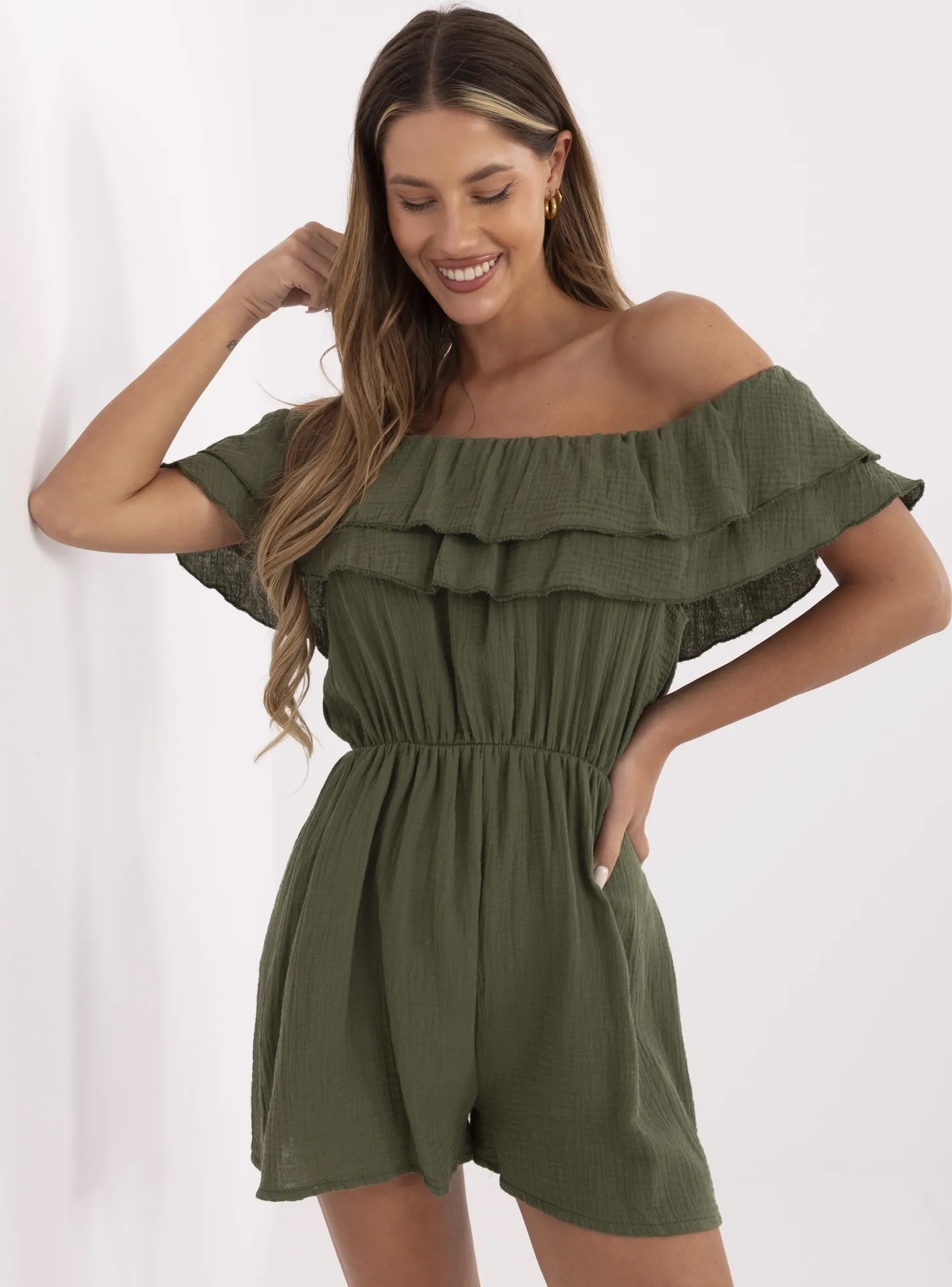 Khaki dámský mušelínový overal s odhalenými rameny MI-KO-A5050.65-khaki Veľkosť: ONE SIZE