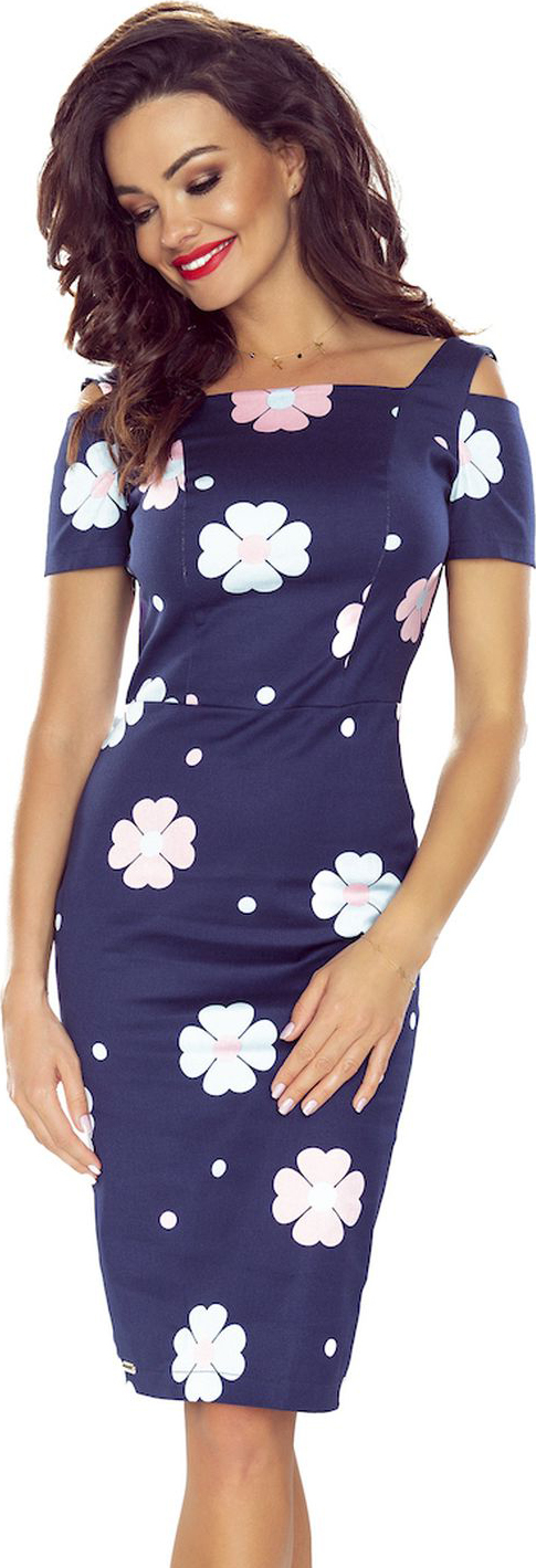 Elegantné kvetované modré šaty s krátkymi rukávmi ISABELLA 440-3 Veľkosť: XS