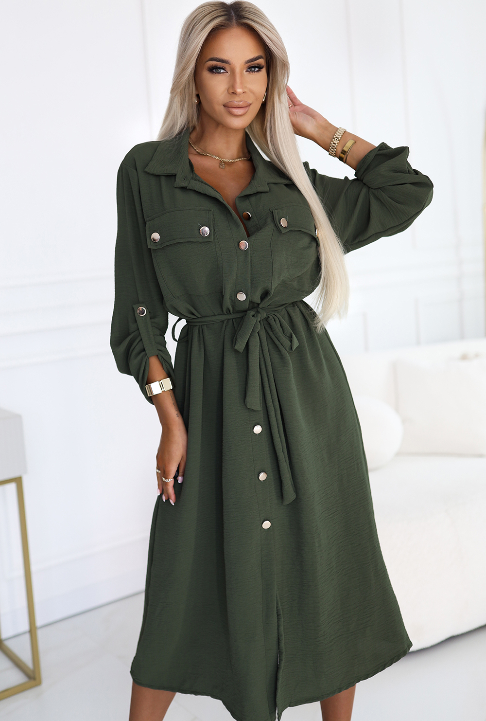 Khaki košilové midi šaty s vázáním v pase 531-5 Veľkosť: ONE SIZE