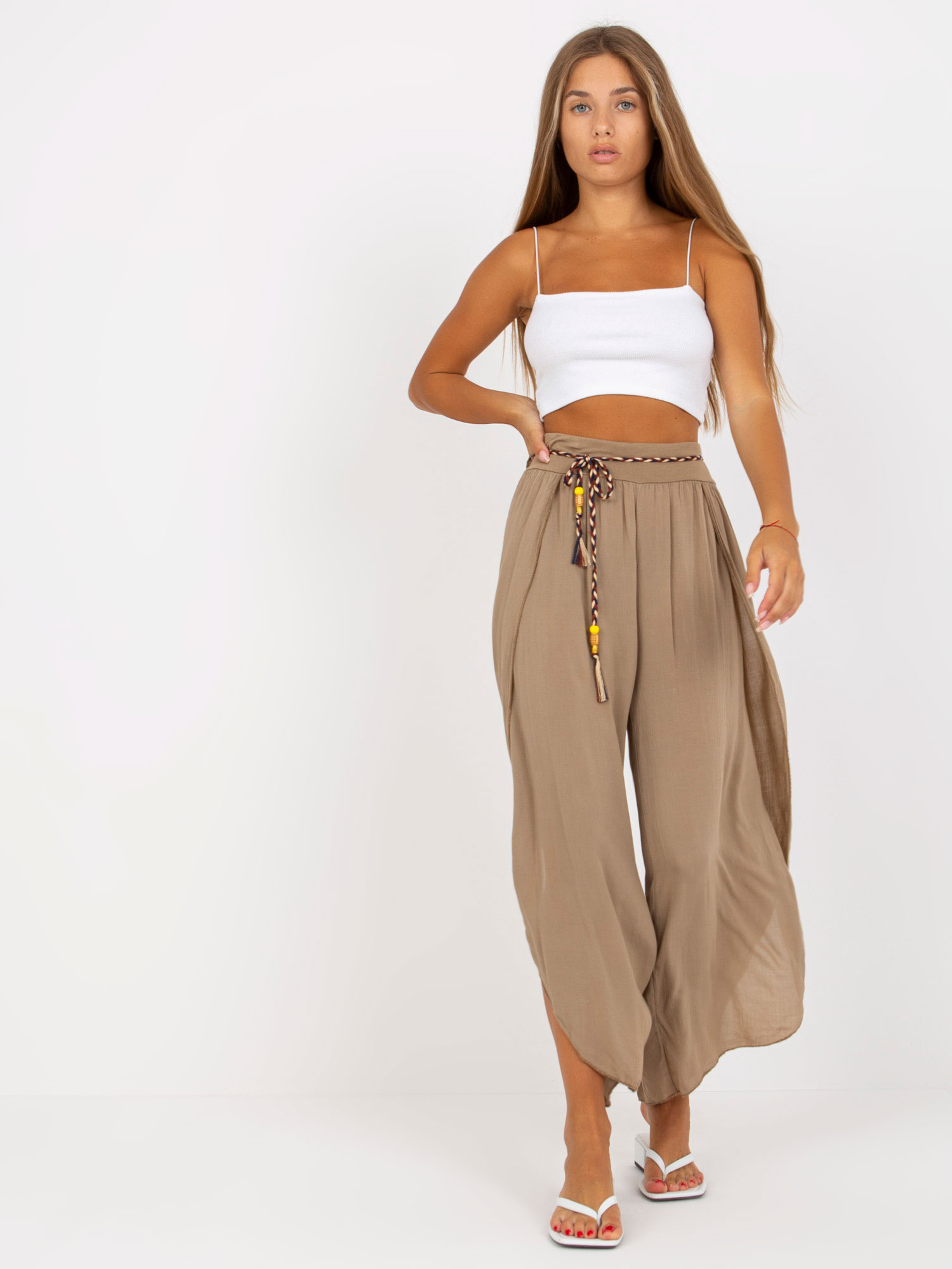 Béžové voľné nohavice s rozparkami TW-SP-BI-81378.24P-dark beige Veľkosť: L