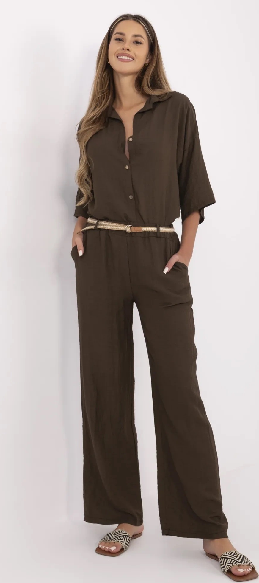 Tmavě hnědé dámské letní viskózové kalhoty s pleteným páskem MI-SP-6560.73P-dark brown Veľkosť: ONE SIZE