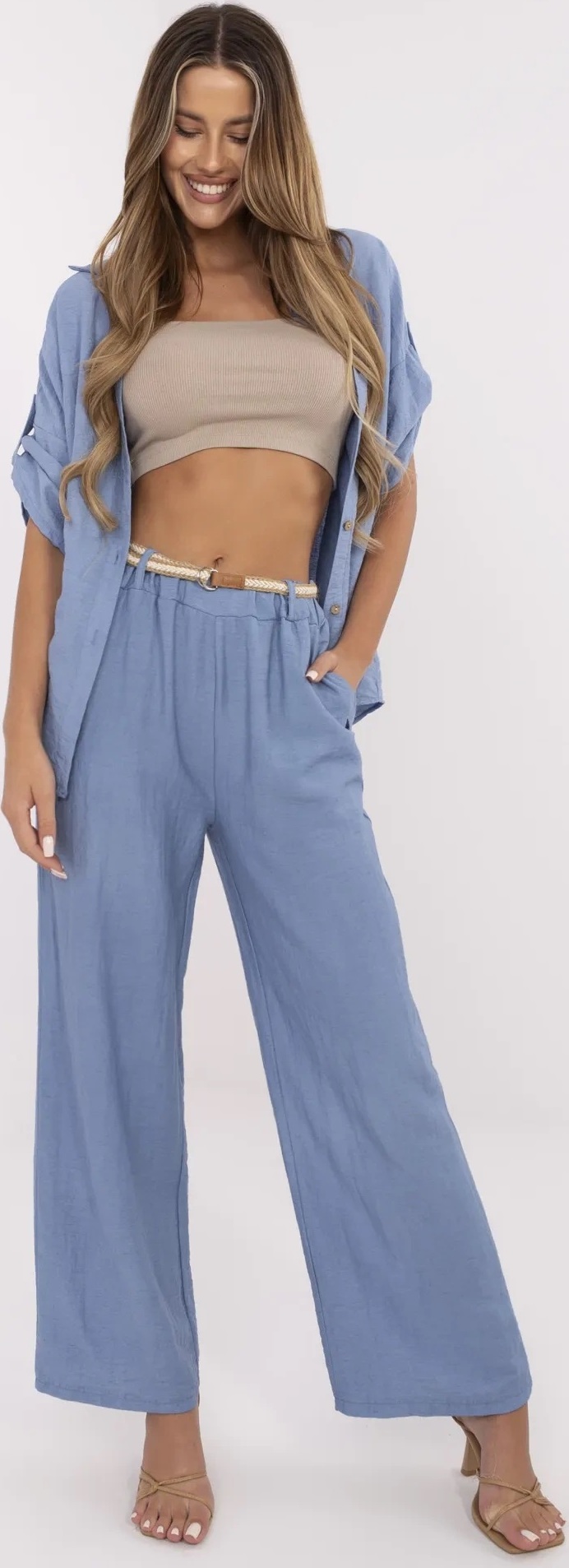 Modré dámské letní viskózové kalhoty s pleteným páskem -MI-SP-6560.73P-blue Veľkosť: ONE SIZE