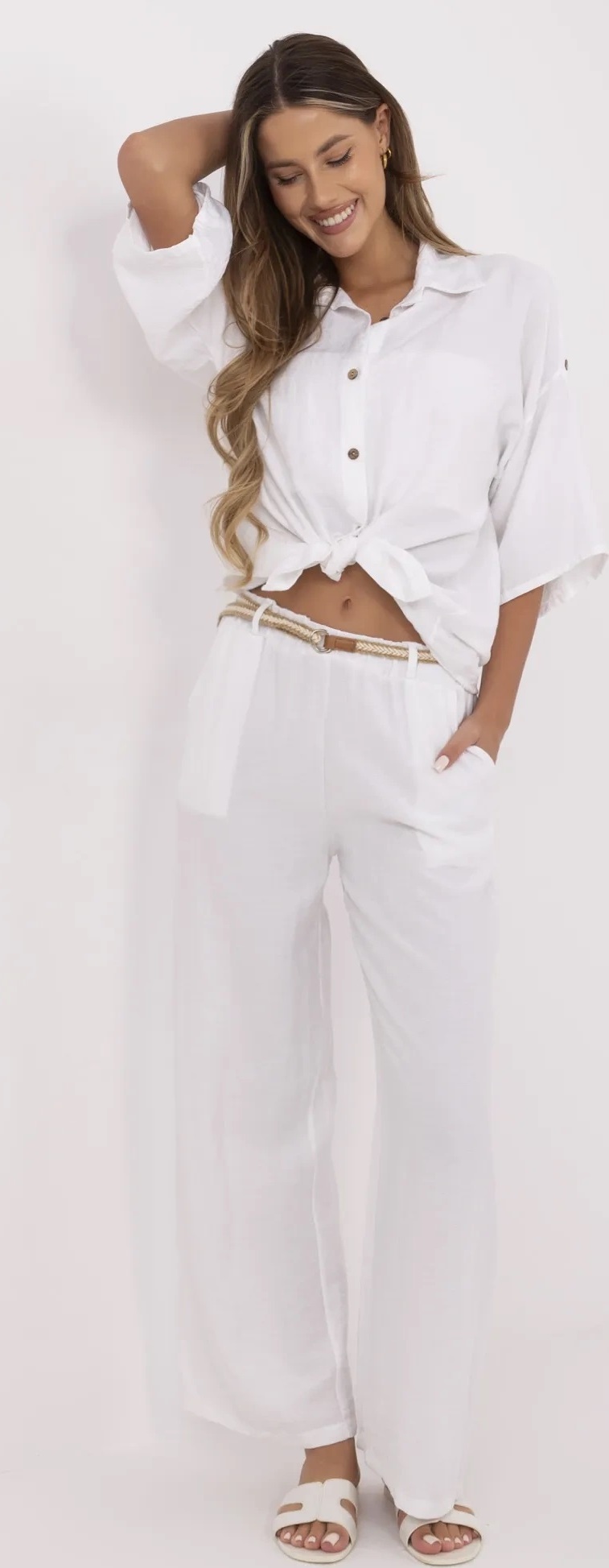 Bílé dámské letní viskózové kalhoty s pleteným páskem MI-SP-6560.73P-white Veľkosť: ONE SIZE