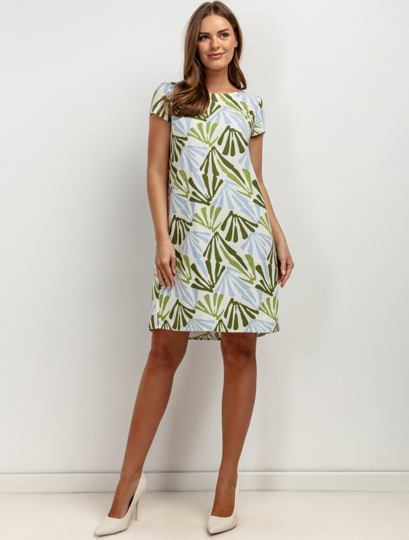 Zeleno-modré letní vzorované šaty z viskózy a lnu T423 - green-blue pattern Rozmiar: XL