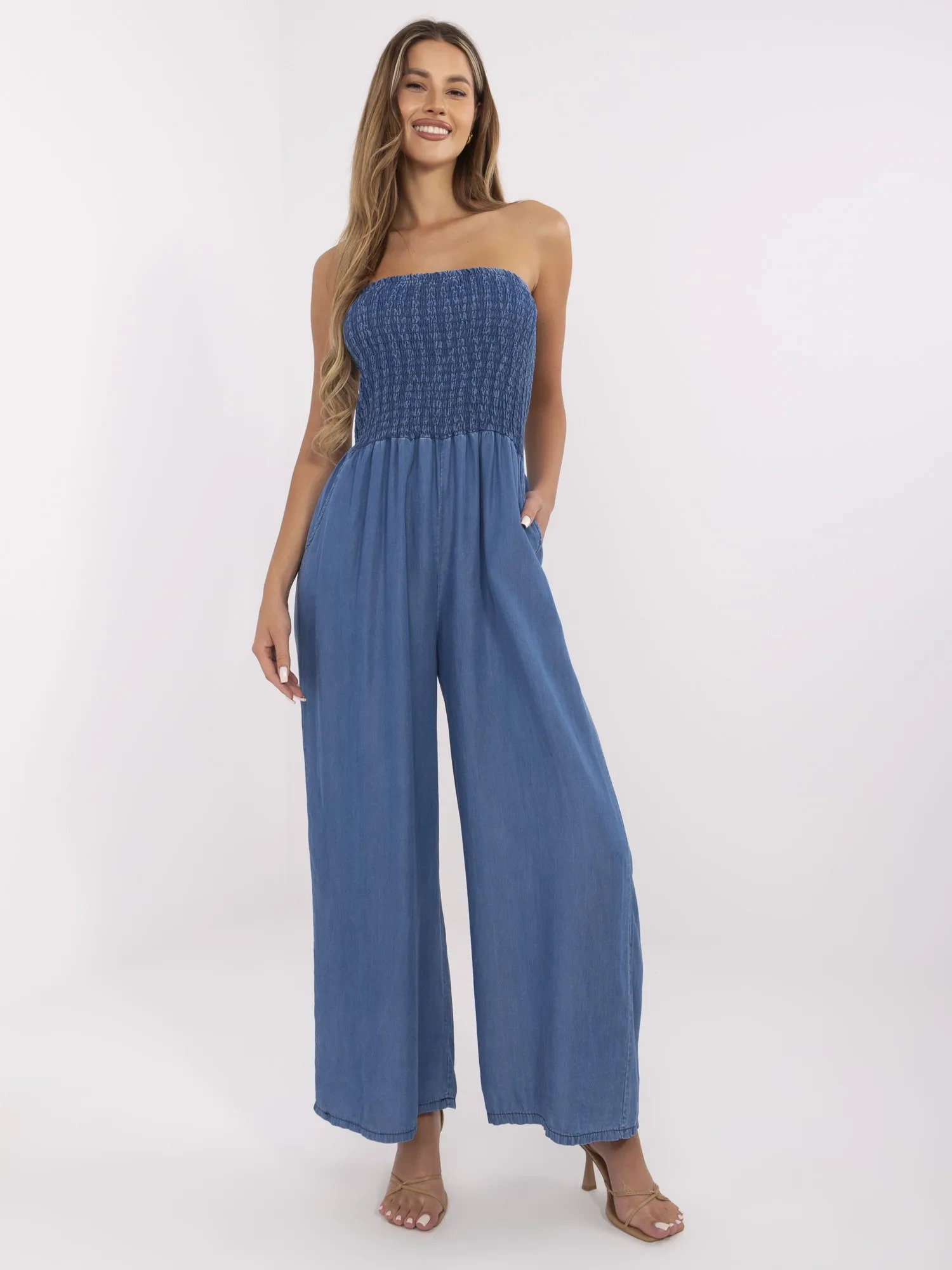 Tmavomodrý letný overal z tenkého denimu MI-KO-22933.09-dark blue Veľkosť: ONE SIZE