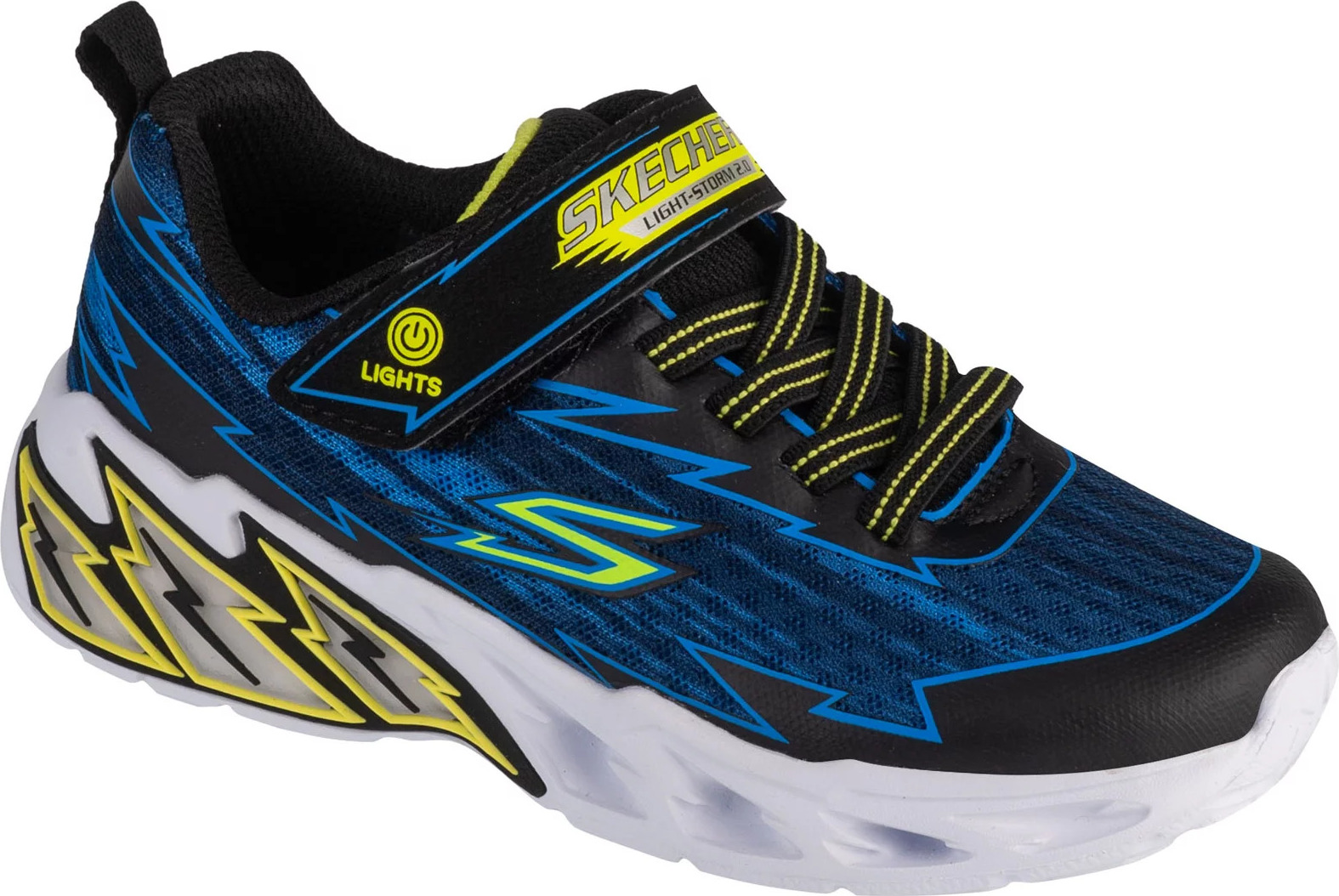 Modro-čierne chlapčenské svietiace tenisky Skechers S-Lights: Light Storm 2.0 - Bolt Brights 400149L-BKBL Veľkosť: 35
