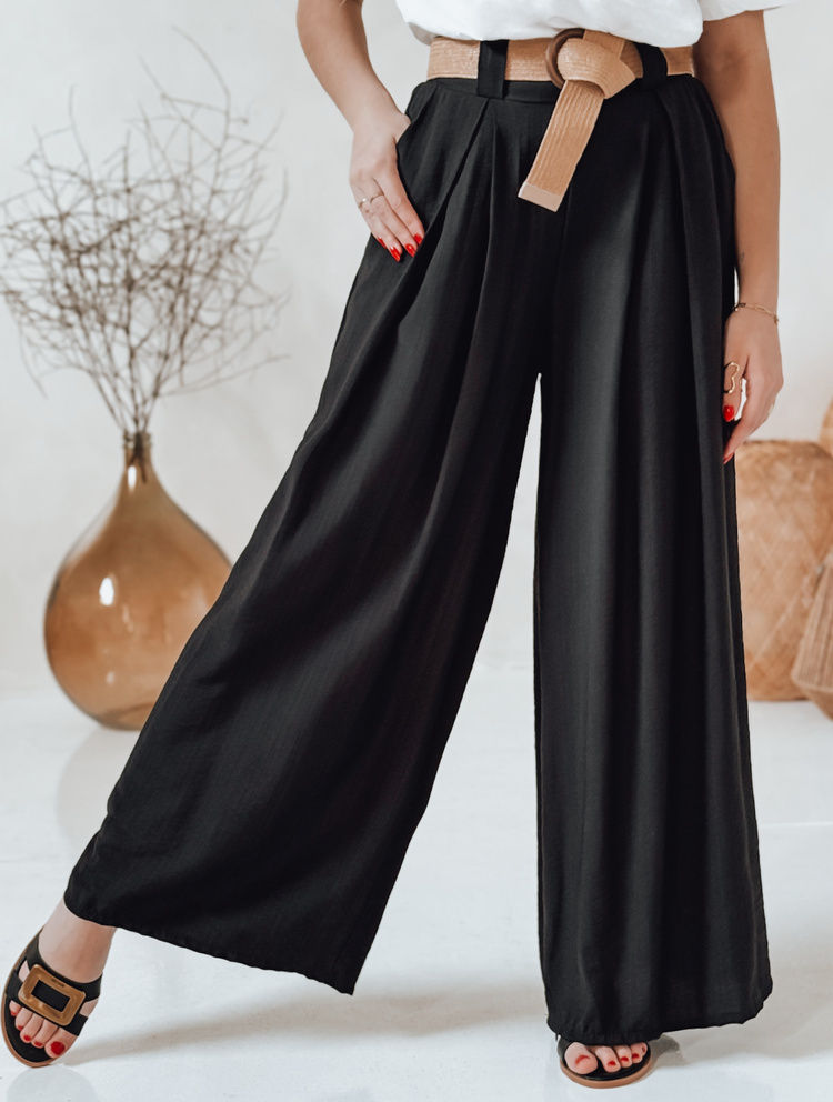 Čierne široké dámske nohavice z viskózy s elegantným pásikom MIRELOU UY2715 Veľkosť: ONE SIZE