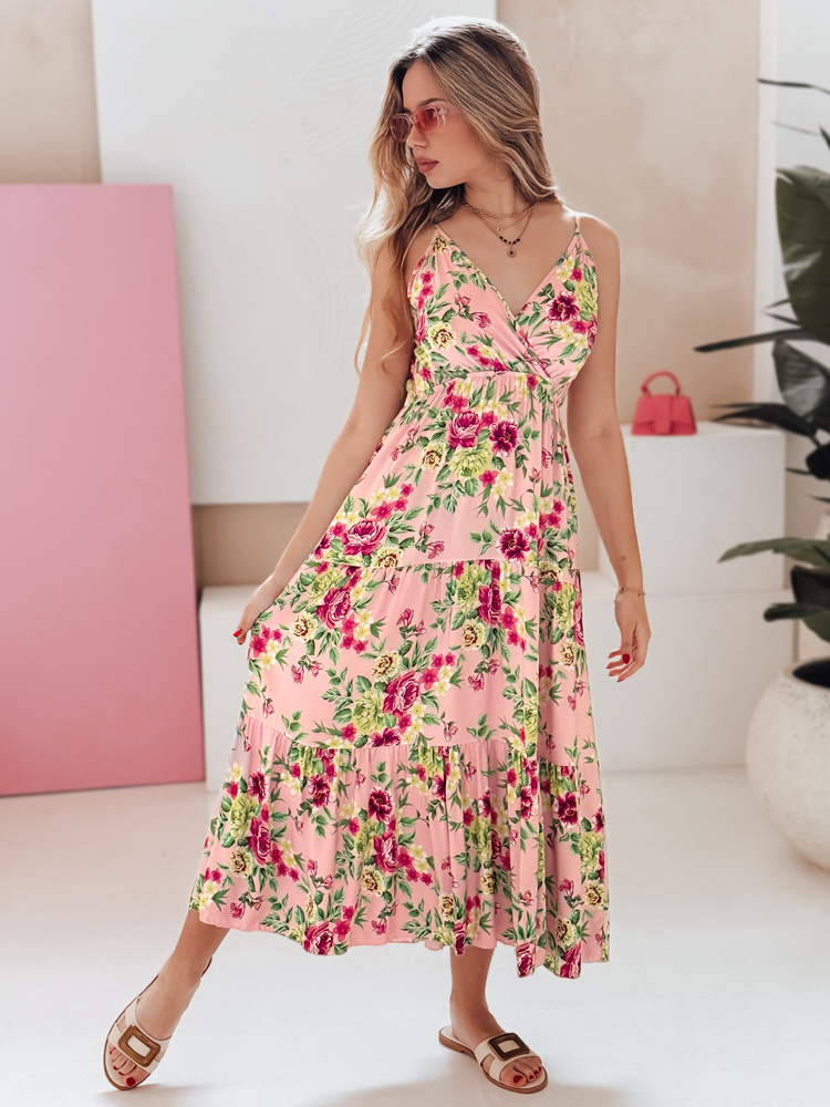 Ružové kvetované dámske maxi šaty na ramienka MISSBLOSSY EY2618 Veľkosť: M/L