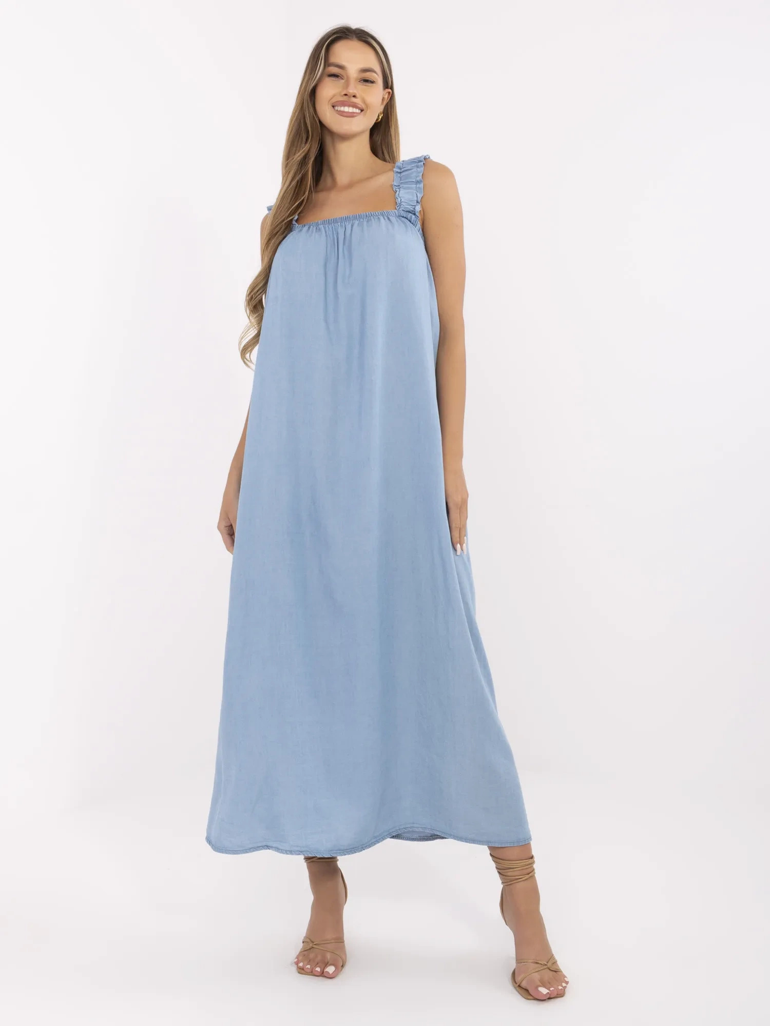 Svetlomodré voľné šaty z tenkého denimu s volánikmi a zaväzovaním na chrbte DHJ-SK-A9197.90-light blue Veľkosť: ONE SIZE