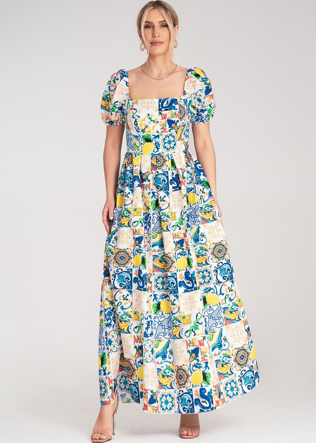 Dámske letné vzorované maxi šaty M1187 Blue Veľkosť: S/M