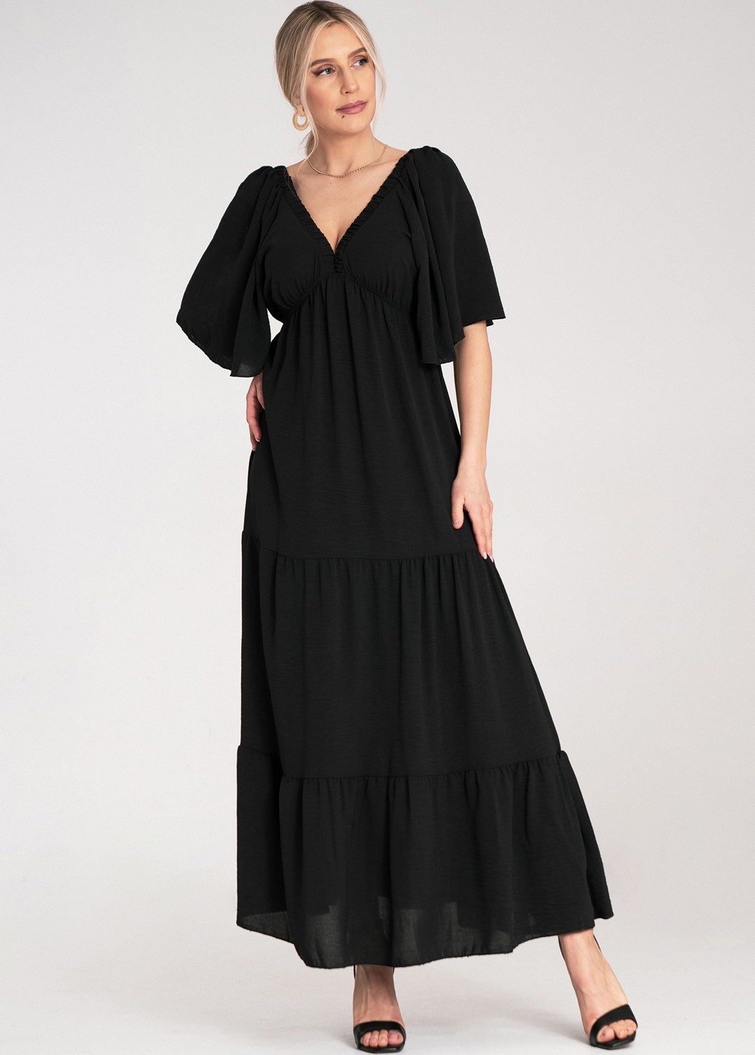 Čierne maxi šaty so zaväzovaním na chrbte M1185 Black Veľkosť: ONE SIZE