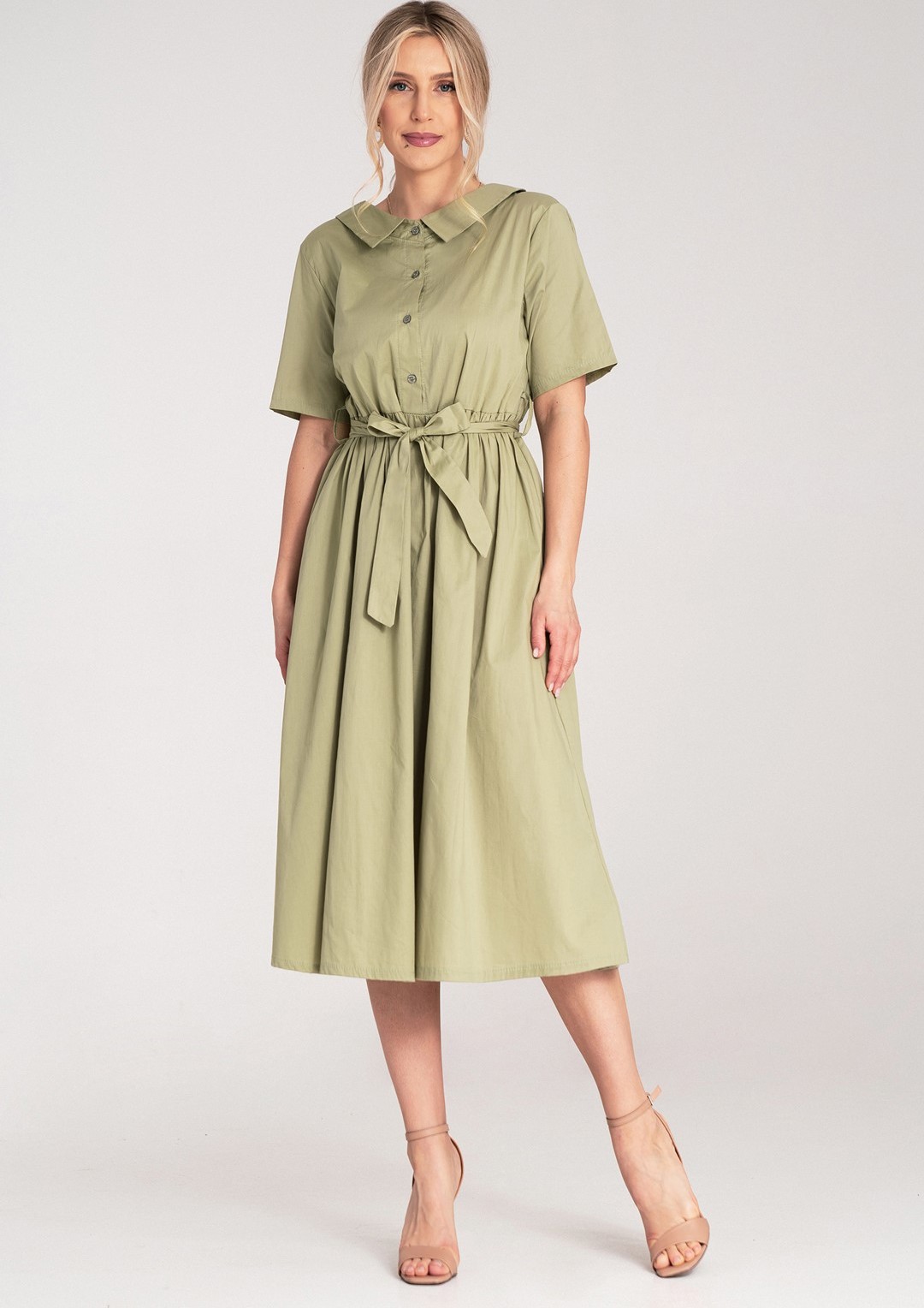 Khaki bavlnené midi šaty s golierom a pásikom M1178 Green Veľkosť: S/M