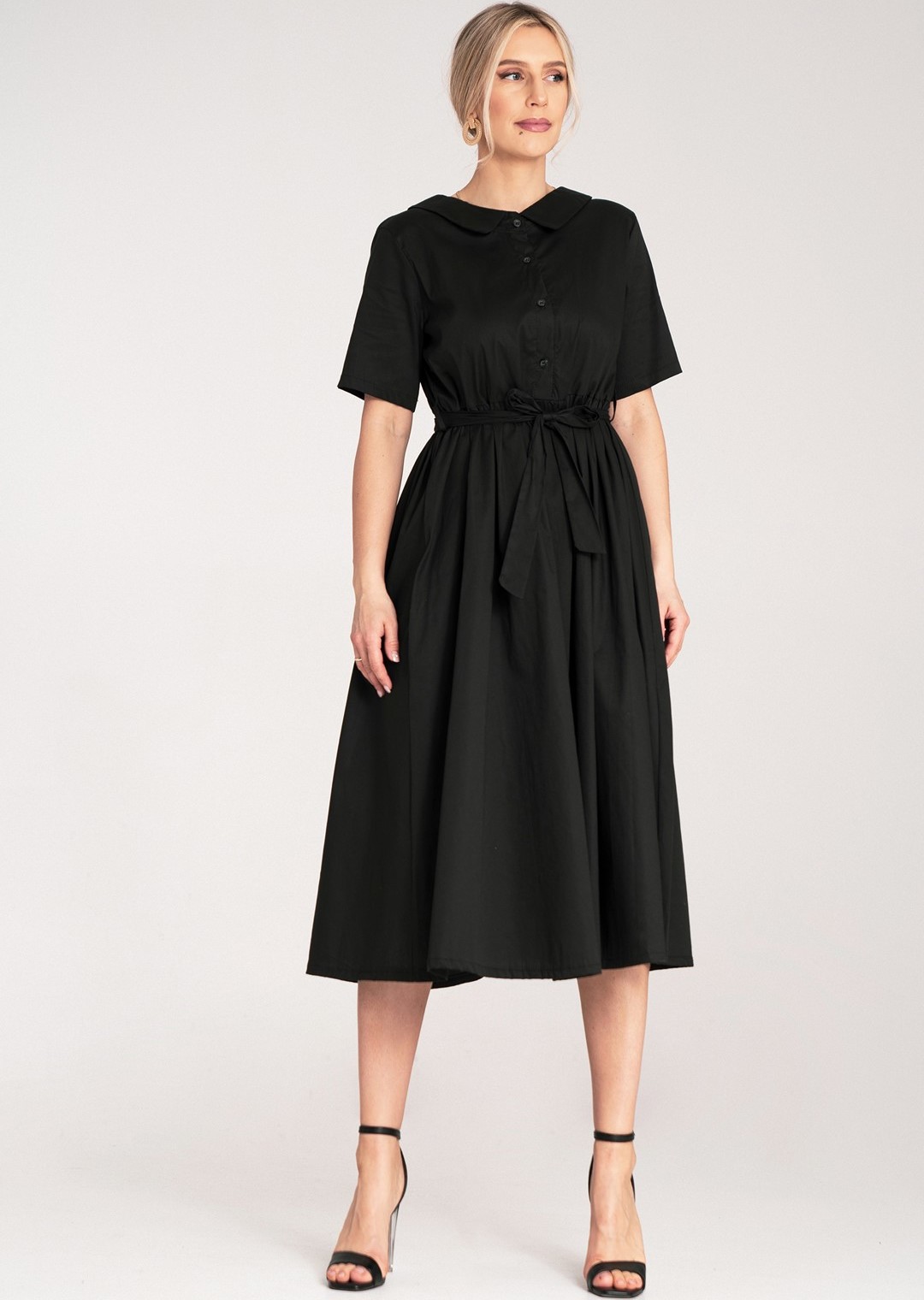 Čierne bavlnené midi šaty s golierom a pásikom M1178 Black Veľkosť: S/M