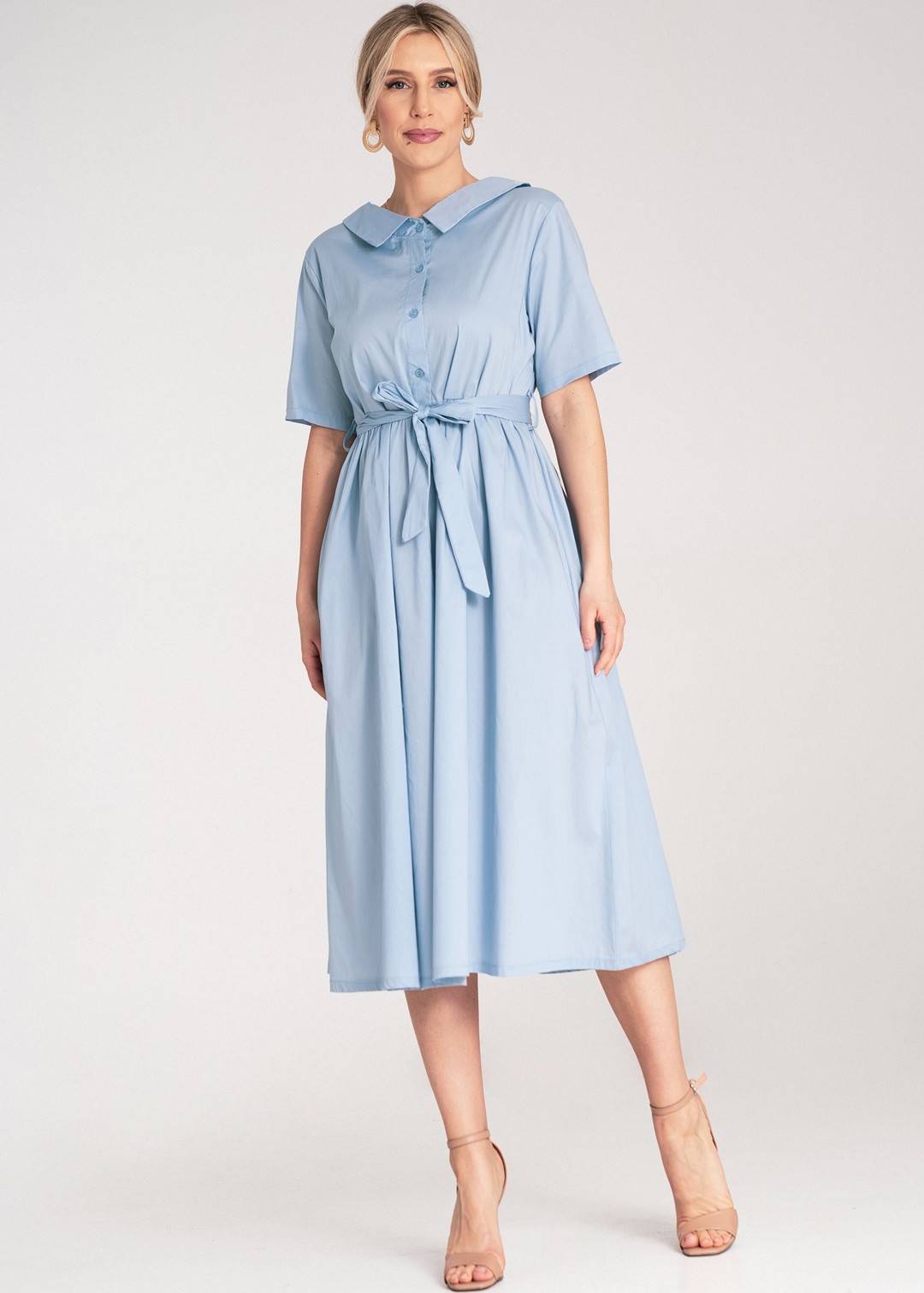 Svetlomodré bavlnené midi šaty s golierom a pásikom M1178 Blue Veľkosť: S/M