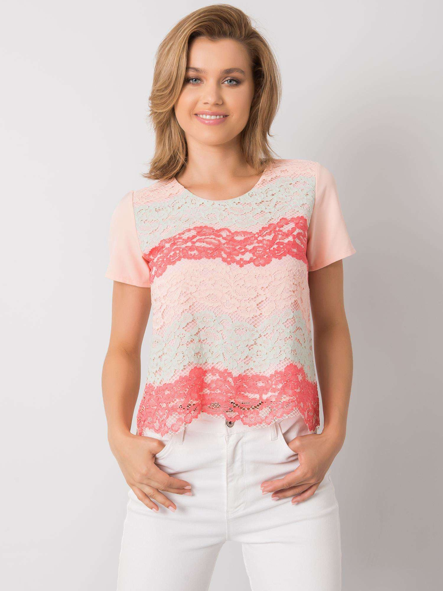 Ružovo-béžové dámske tričko s pruhmi LK-BZ-506276.07P-beige Veľkosť: 40