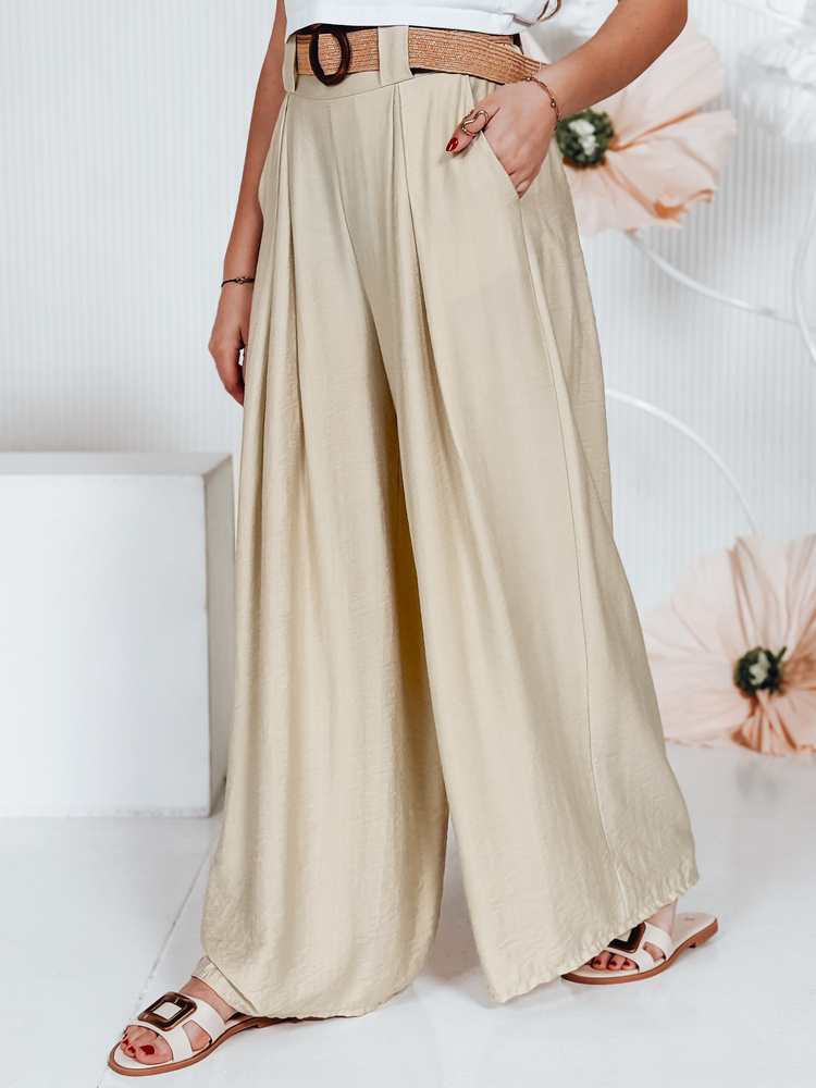 Béžové široké dámske nohavice z viskózy s elegantným pásikom MIRELOU UY2716 Veľkosť: ONE SIZE