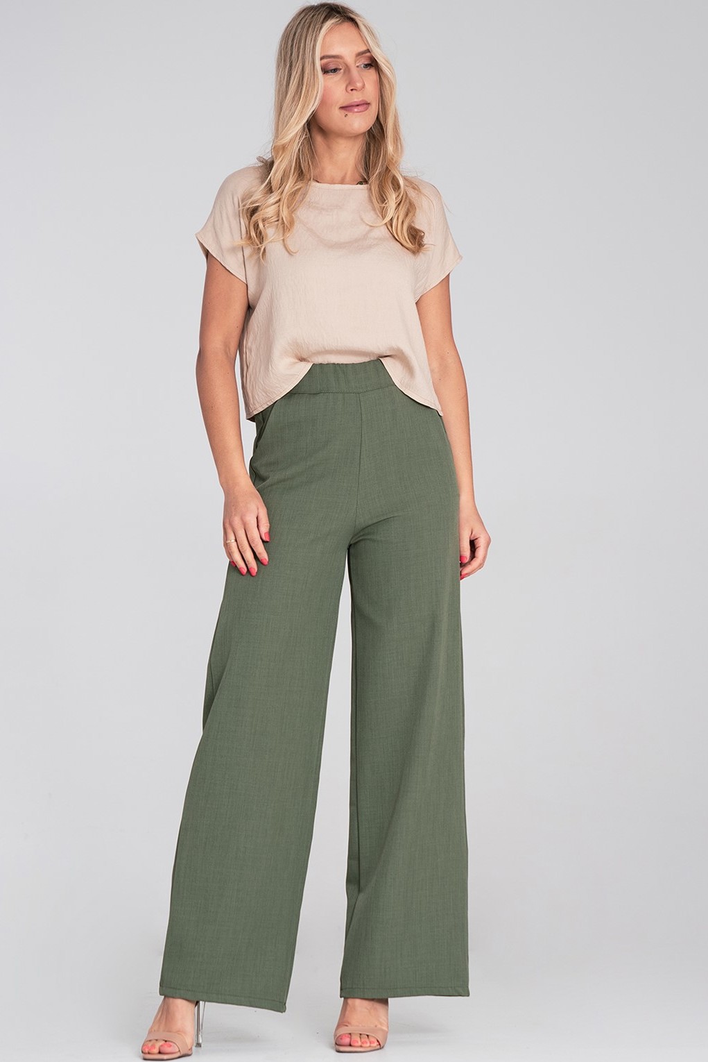 Olivovo zelené dámske široké nohavice s elastickým pásom M1197 Green Veľkosť: S/M