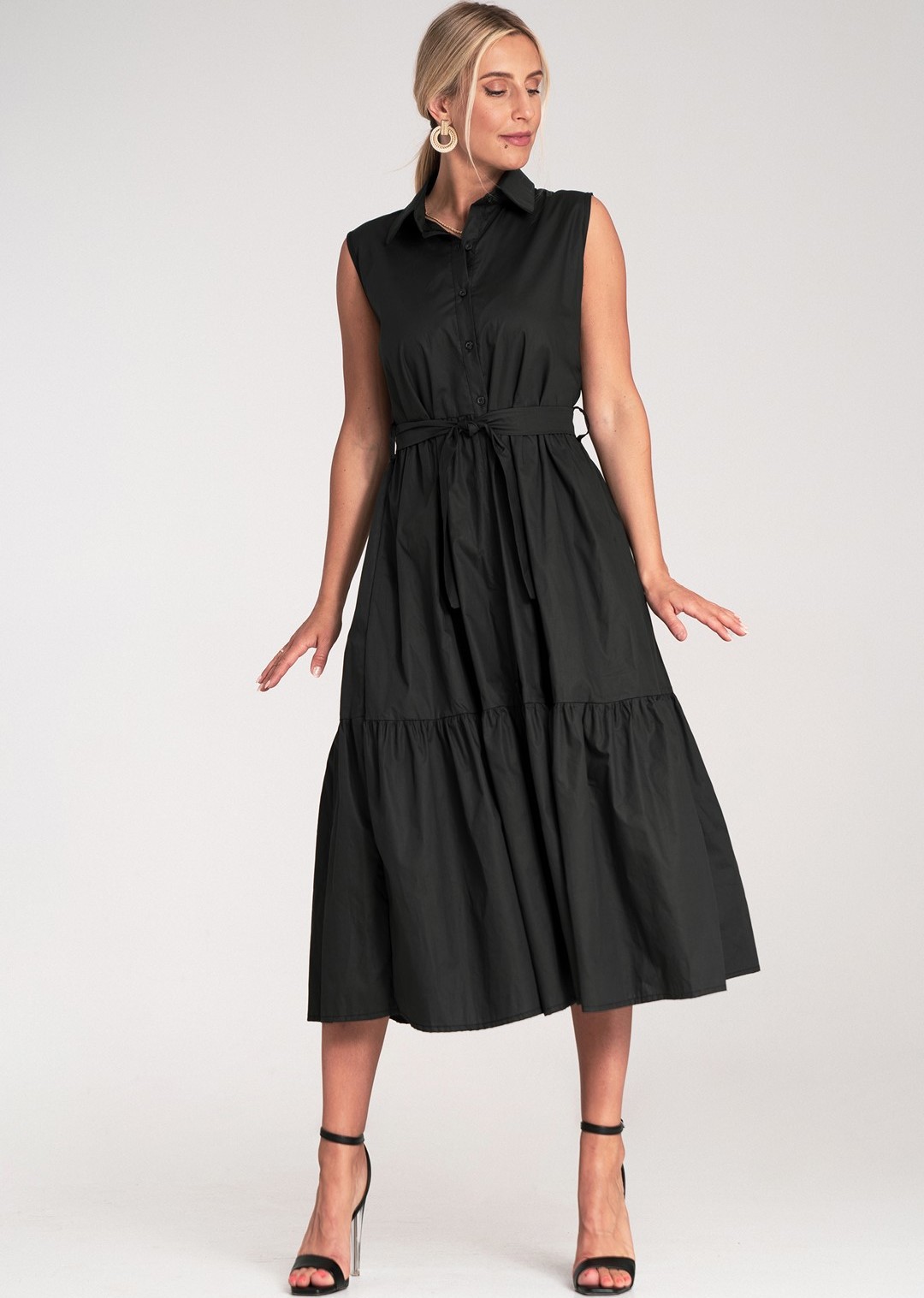 Čierne dámske košeľové šaty áčkového strihu s golierom M1216 Black Veľkosť: S/M