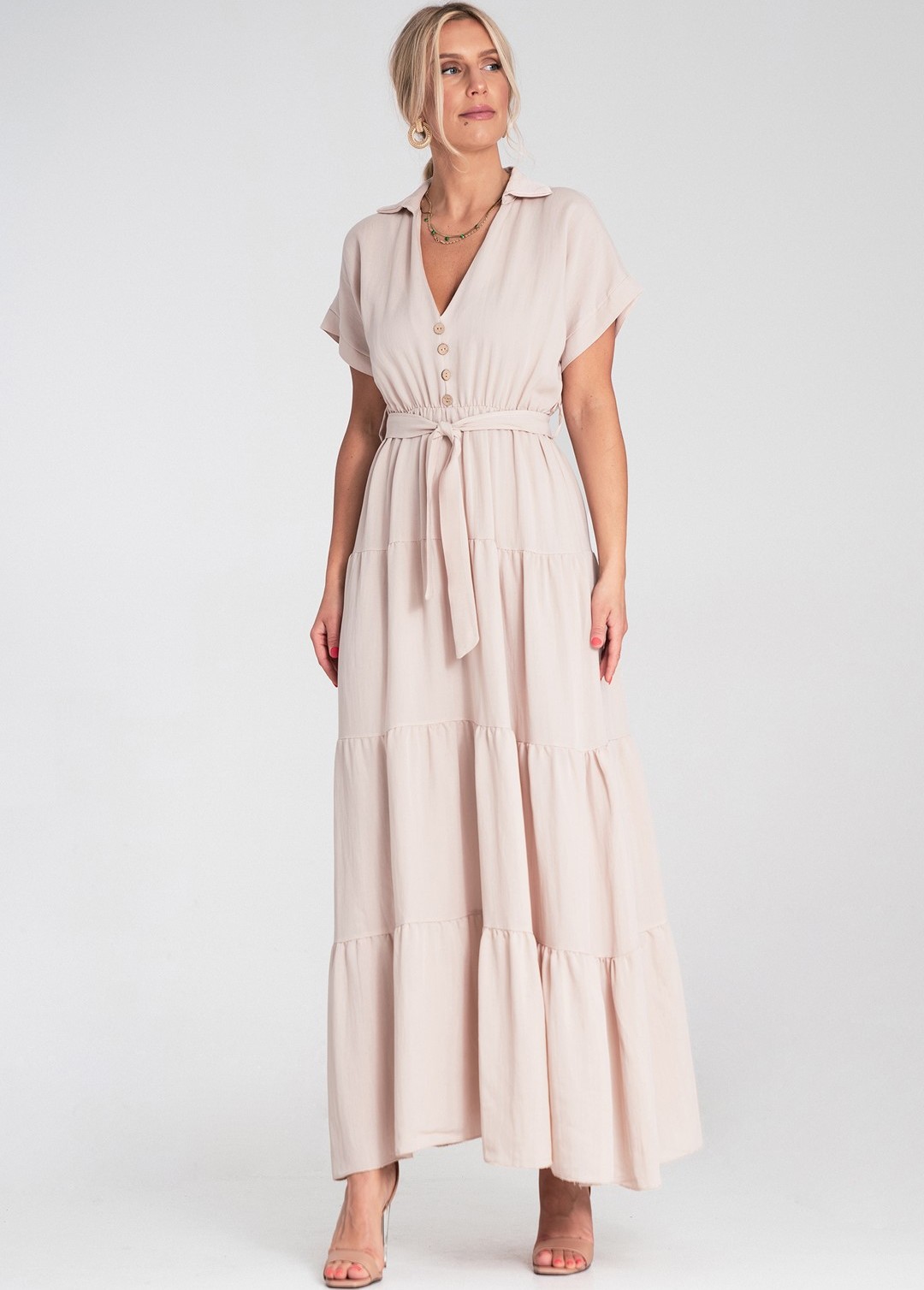Béžové dámske viskózové maxi šaty s golierom M1195 Beige Veľkosť: S/M