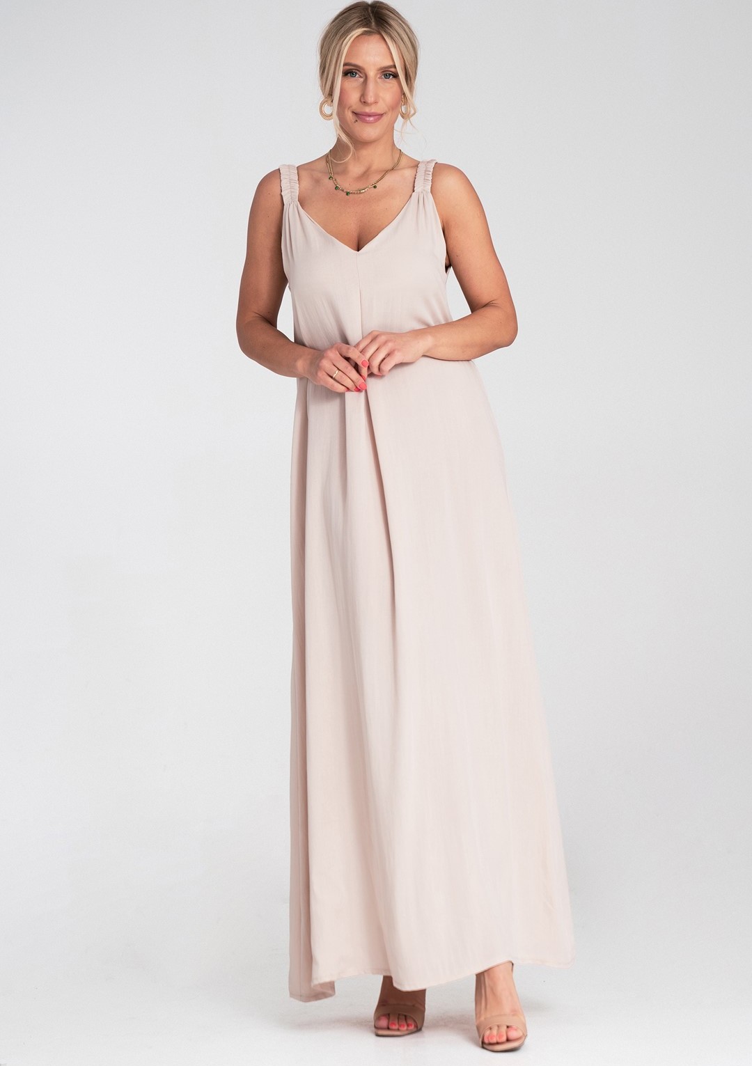 Béžové dámske viskózové maxi šaty M1194 Beige Veľkosť: ONE SIZE