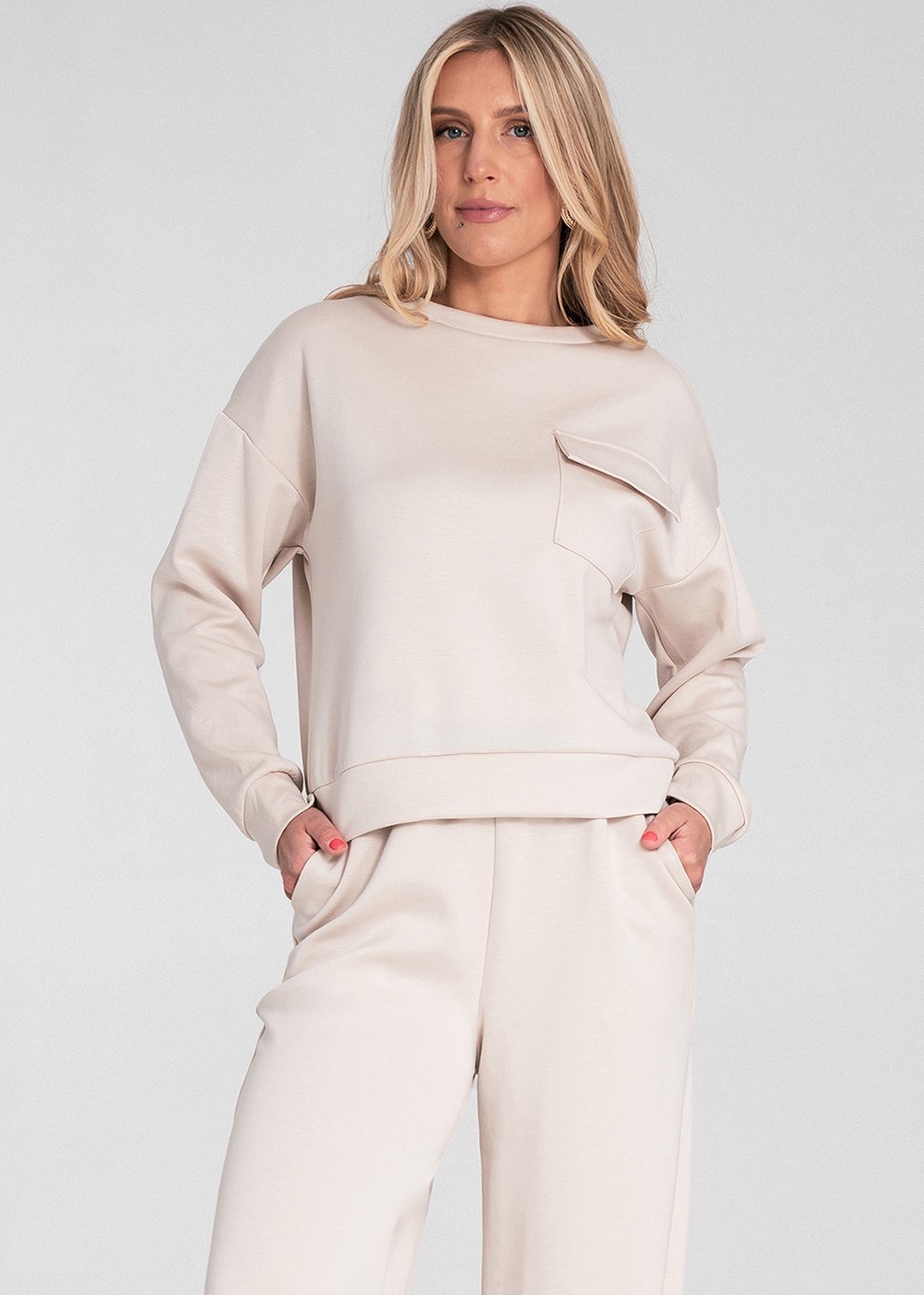 Béžová dámska viskózová mikina s vreckom na hrudi M1202 Beige Veľkosť: S/M