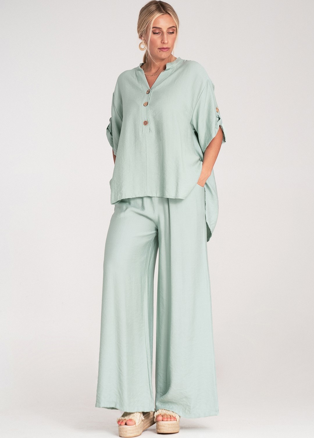 Mintová dámska viskózová súprava voľnej košele a širokých nohavíc M1220 Mint Veľkosť: S/M