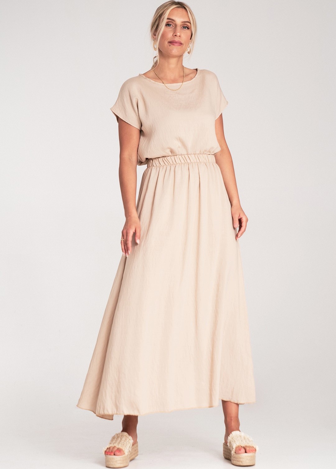 Béžová dámska viskózová súprava voľnej blúzky a sukne s elastickým pásom M1219 Beige Veľkosť: S/M