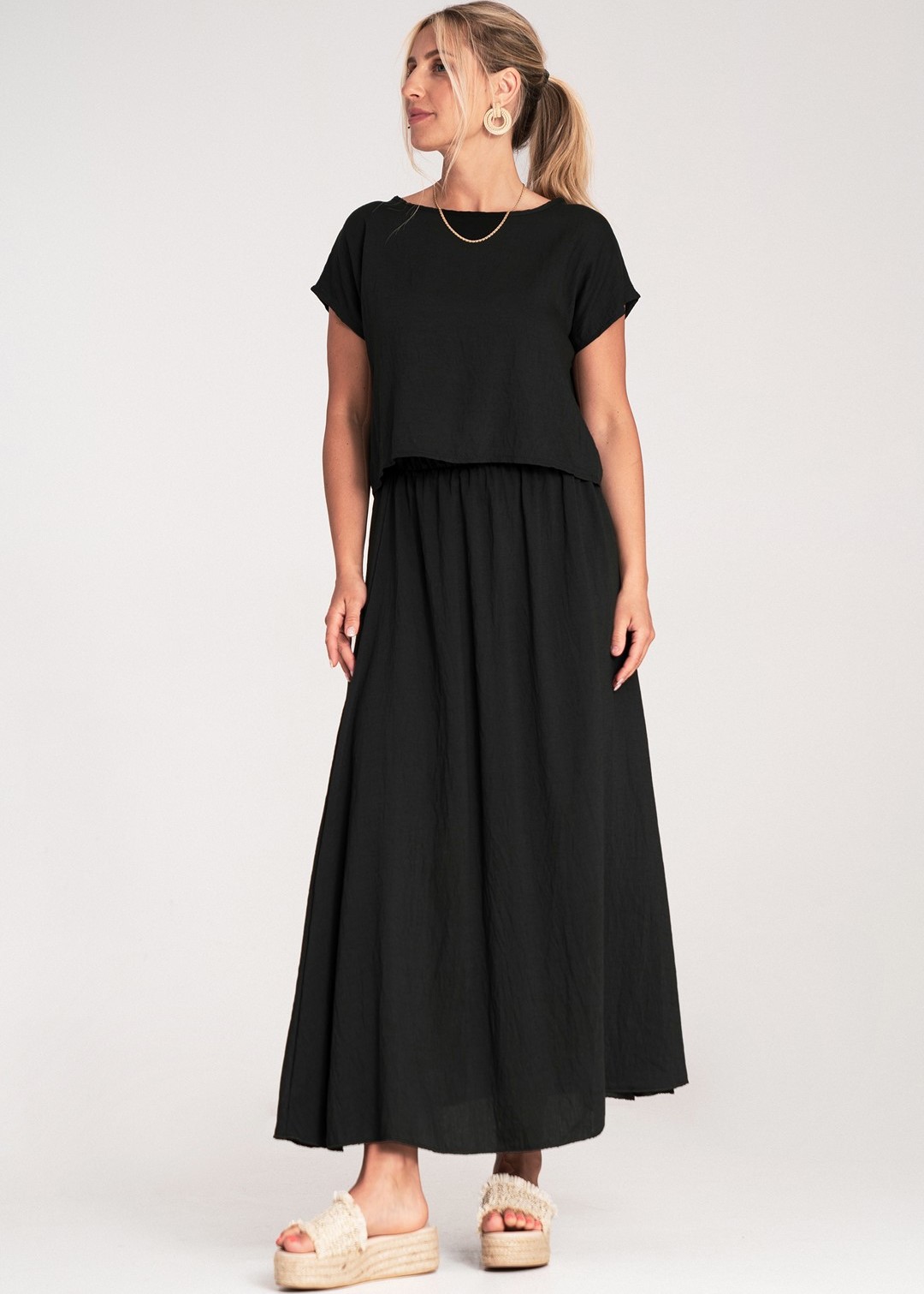 Čierna dámska viskózová súprava voľnej blúzky a sukne s elastickým pásom M1219 Black Veľkosť: S/M